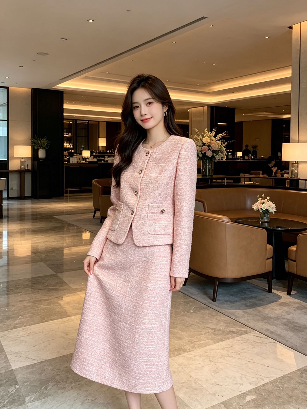 Chan 26fw tweed woven jacket skirt sets