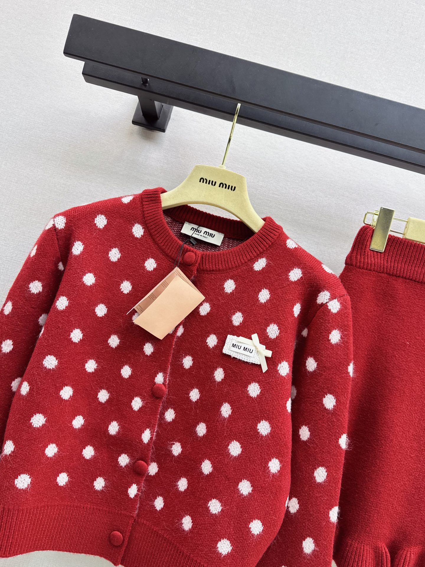 Miu 26fw polka-dot knit cardigan skirt sets