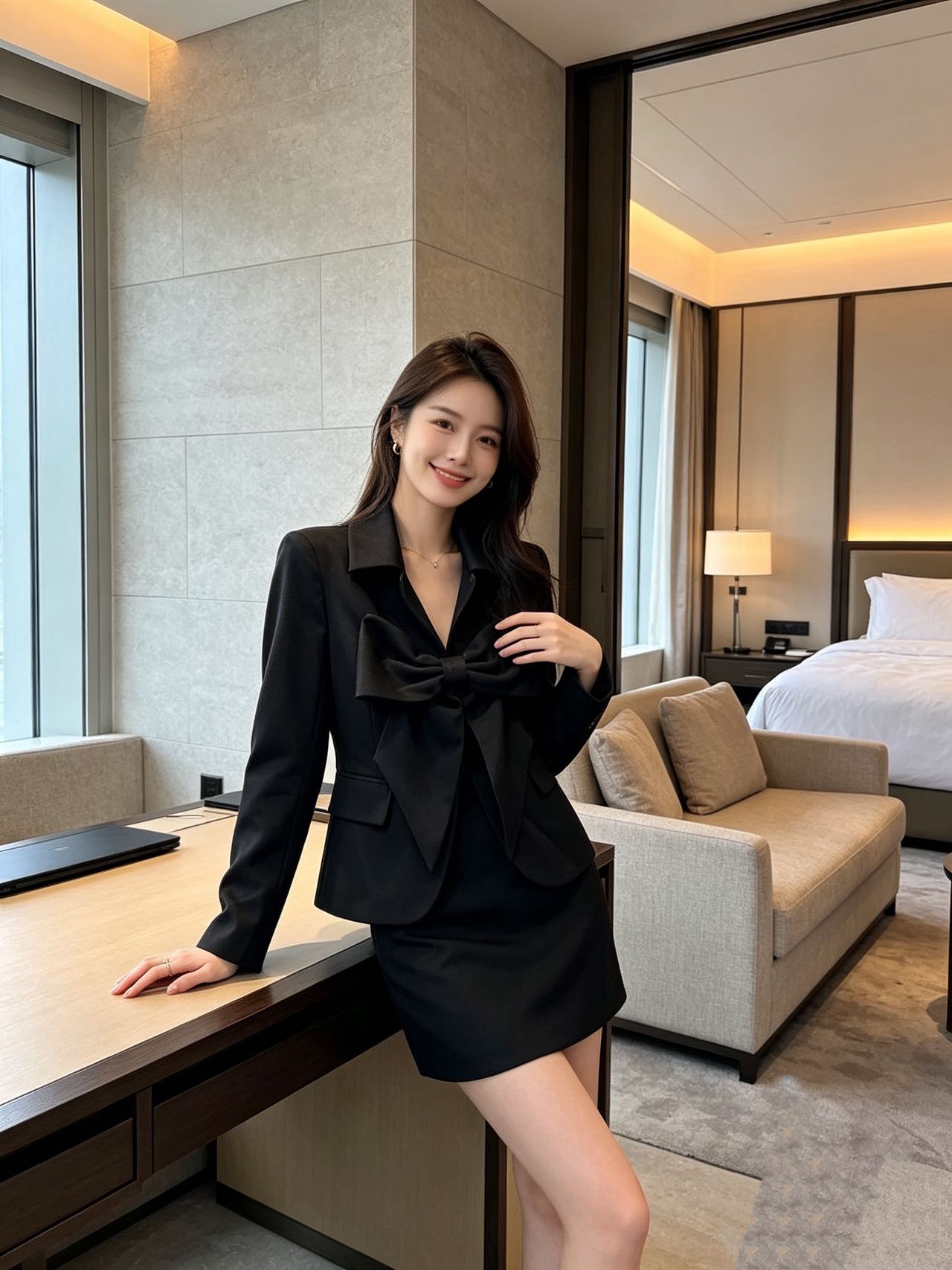 Chan 26fw bow blazer A-line skirt sets
