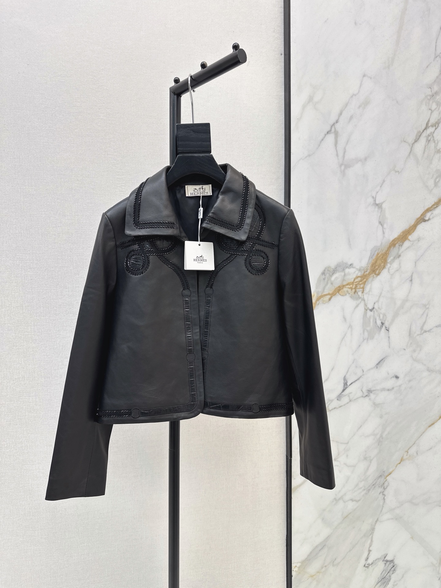 Her 26fw embroidery cropped leather jacket