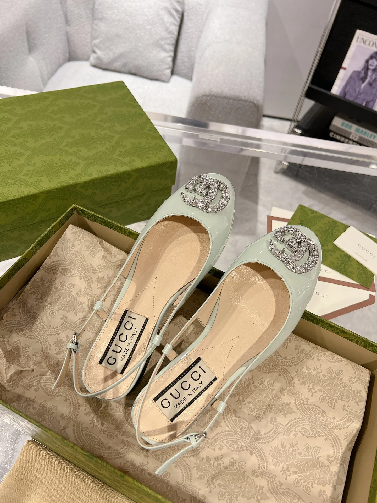 Gucc 25fw slingback flats with crystal diamond blingbling