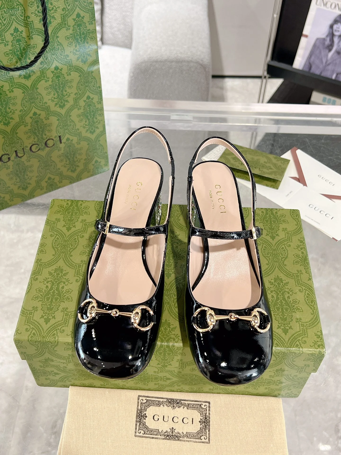 Gucc 26ss rhinestone slingback chunky heel
