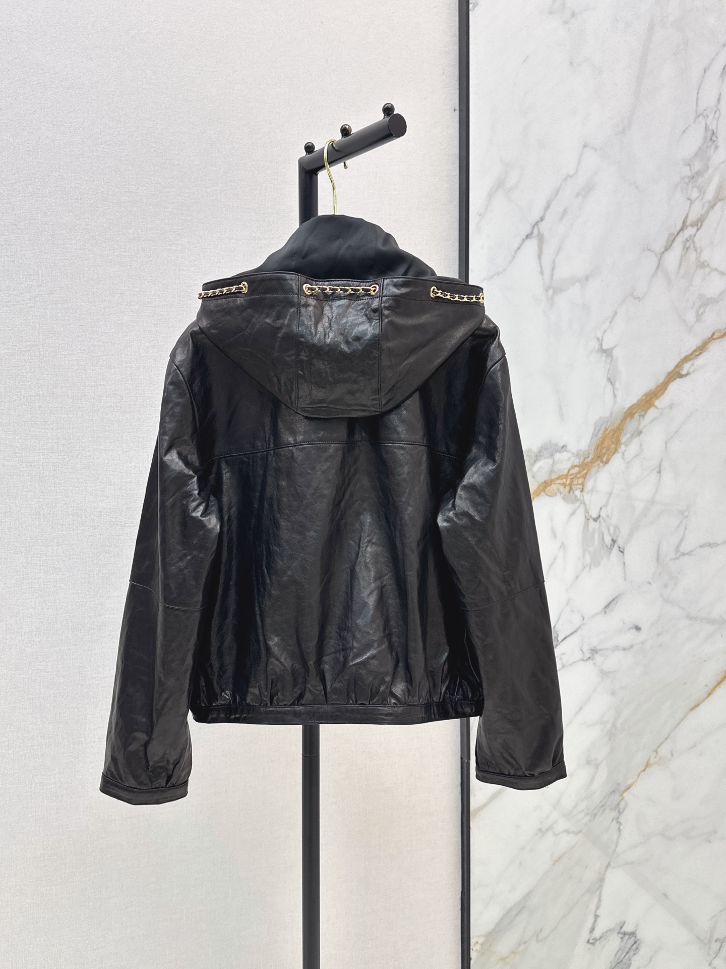 Chan 26ss leather hooded jacket