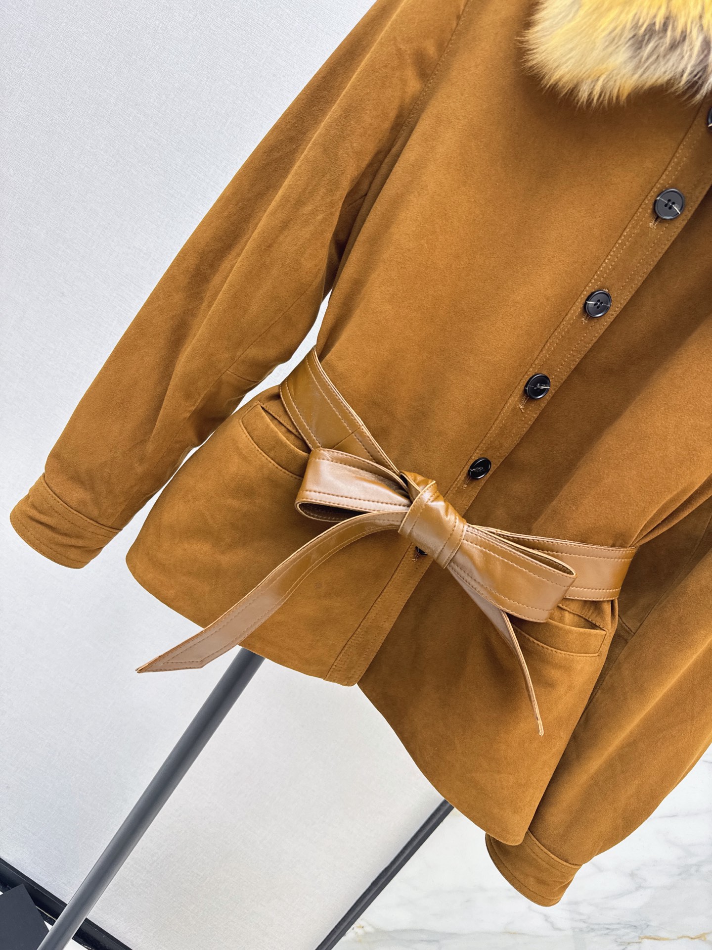 Sain 26fw suede fleece belted leather jacket