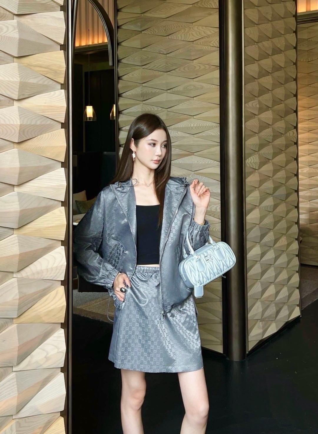 Guc 26fw jacquard hooded jacket skirt sets