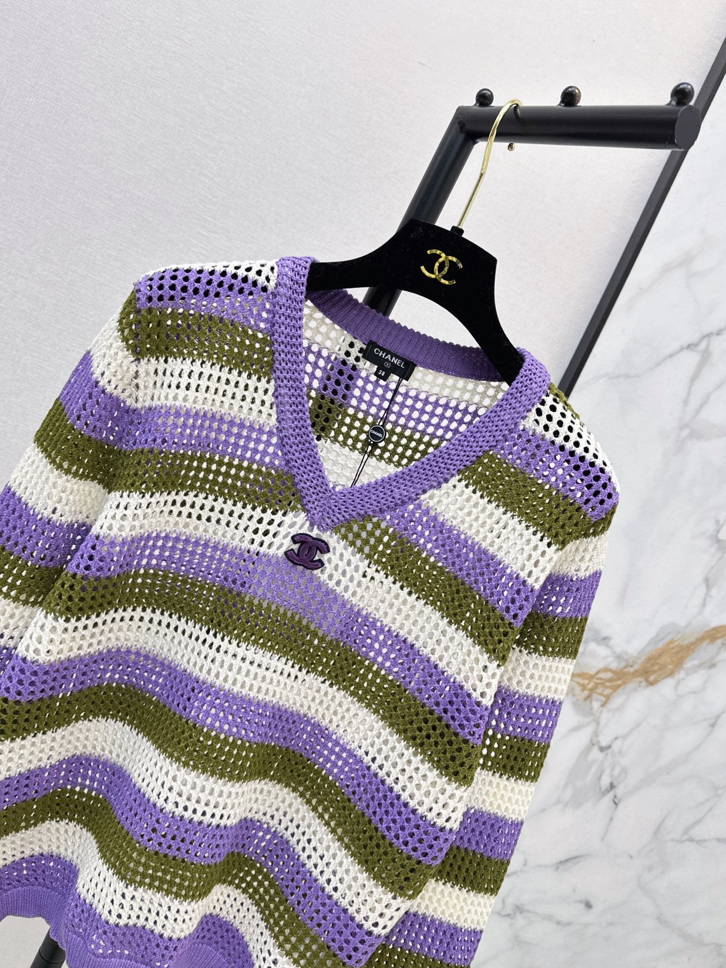 Chan 26fw stripe hollow knit sweater