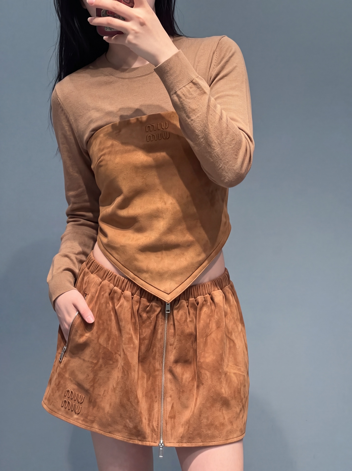 Miu 26fw suede-effect mini skirt
