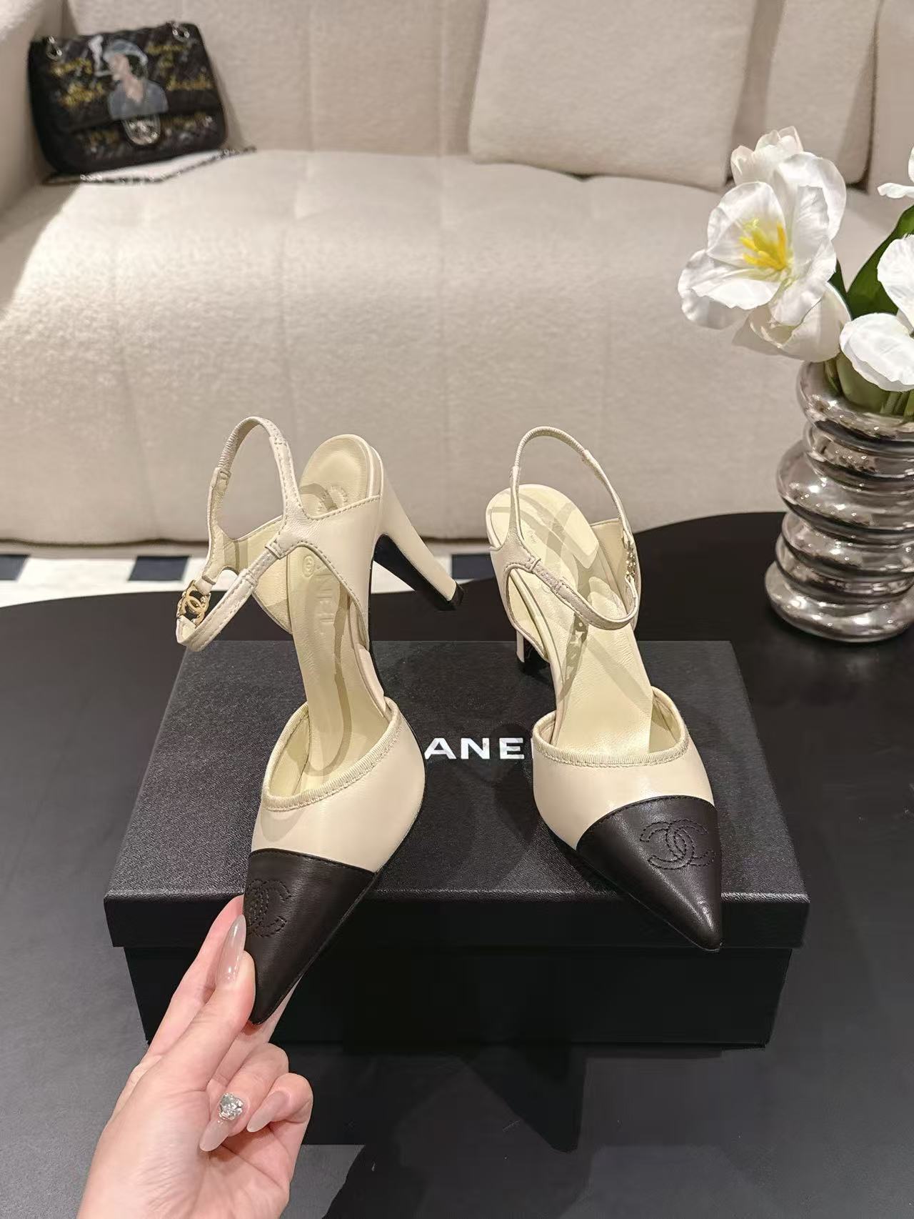 Chan Two-Tone Pointed Toe Slingback Stiletto Heels
