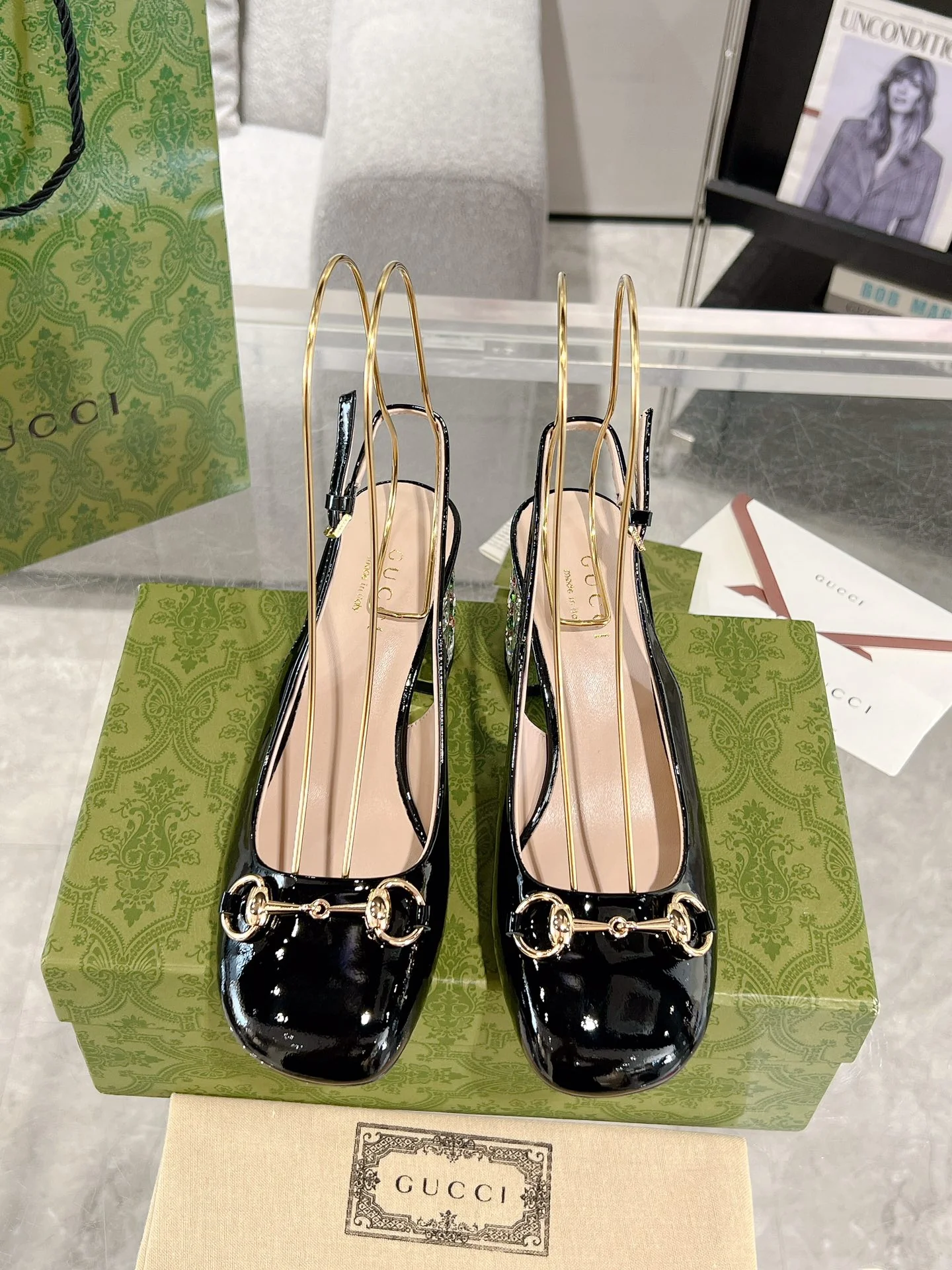 Gucc 26ss rhinestone slingback chunky heel
