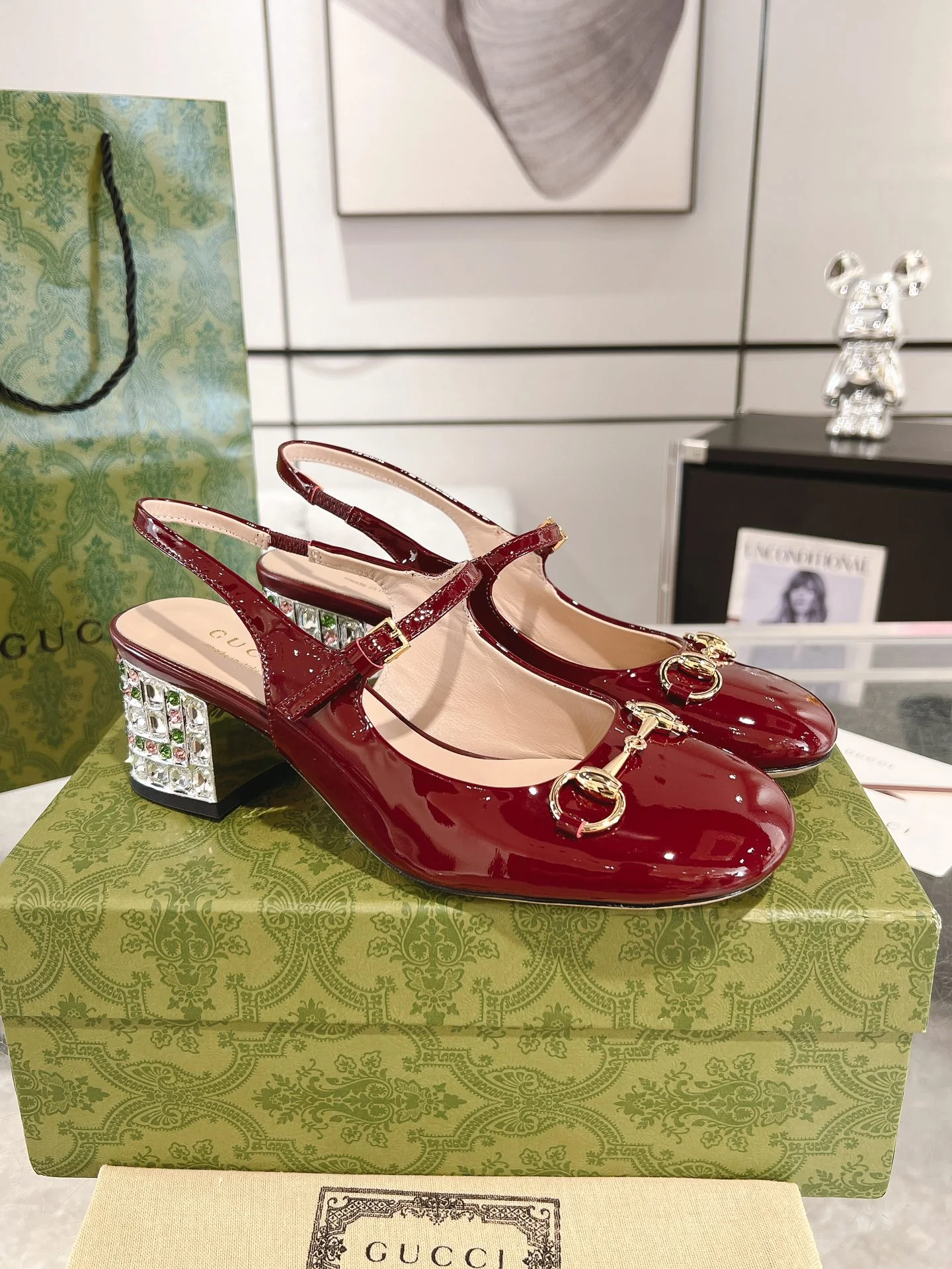 Gucc 26ss rhinestone slingback chunky heel