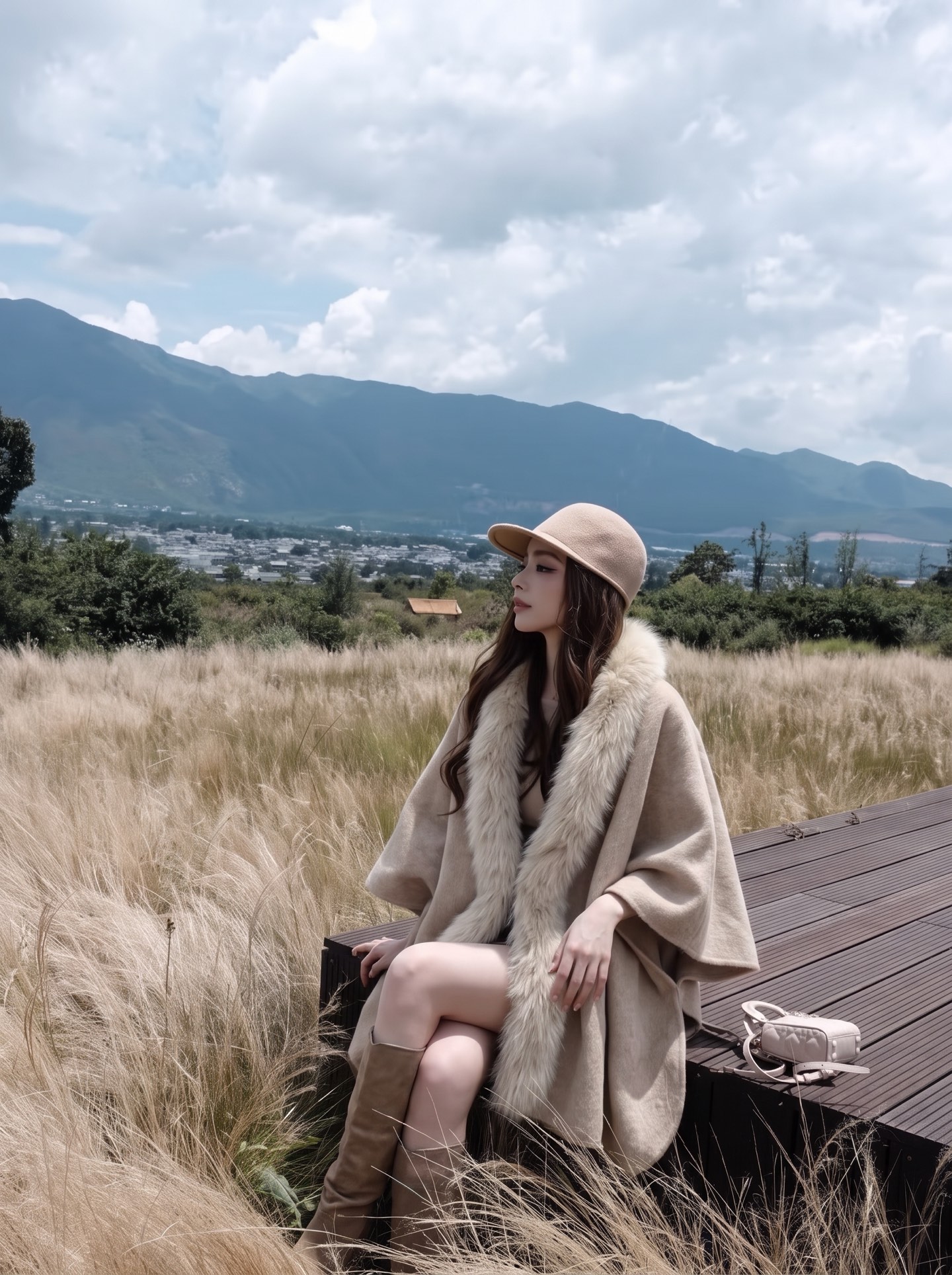 Fen 26fw fox-trim woolen cape jacket