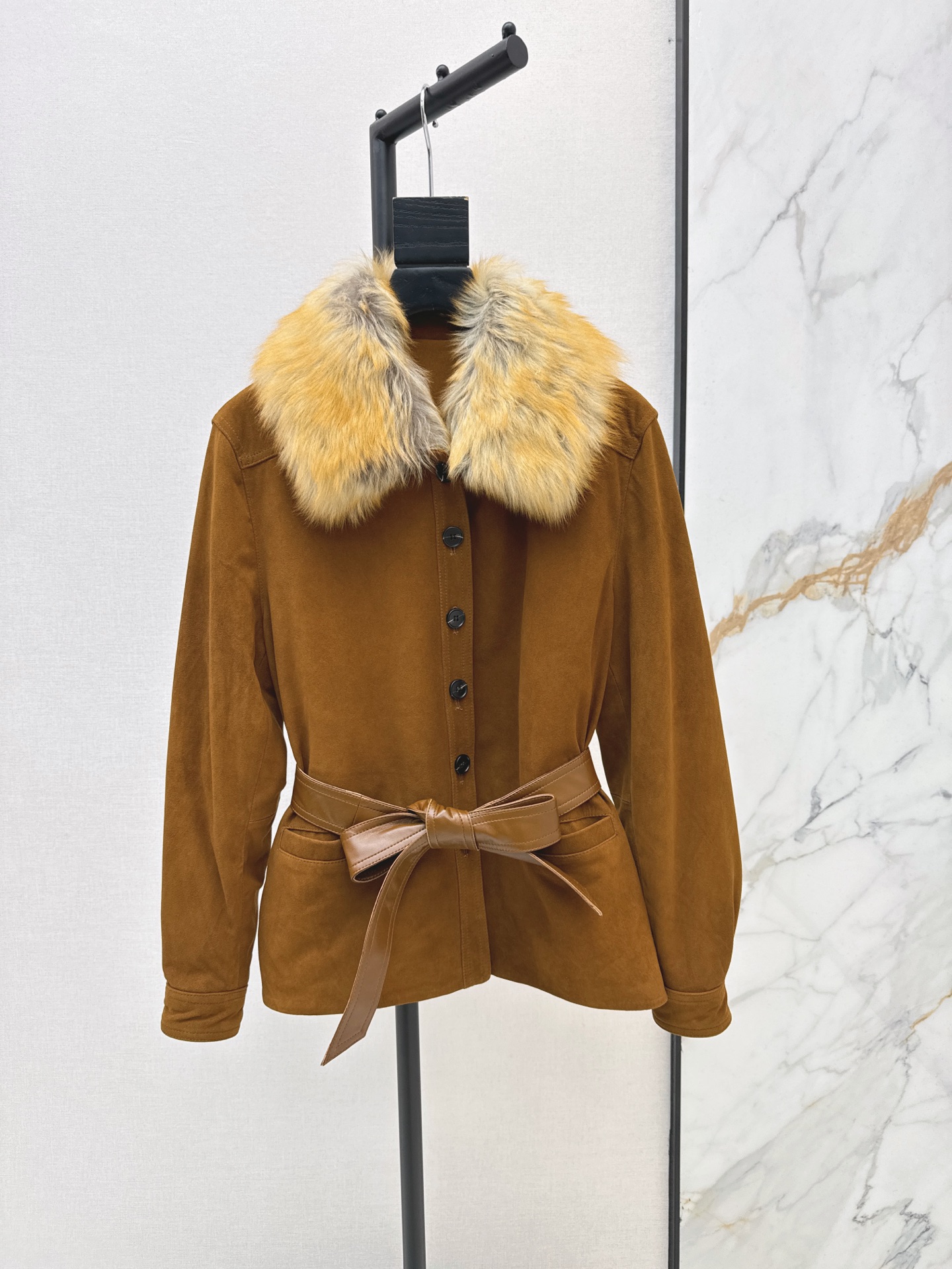 Sain 26fw suede fleece belted leather jacket