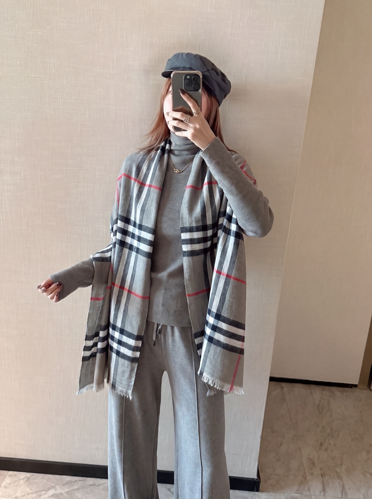 Bur 26fw knit basic tee check shawls pants set