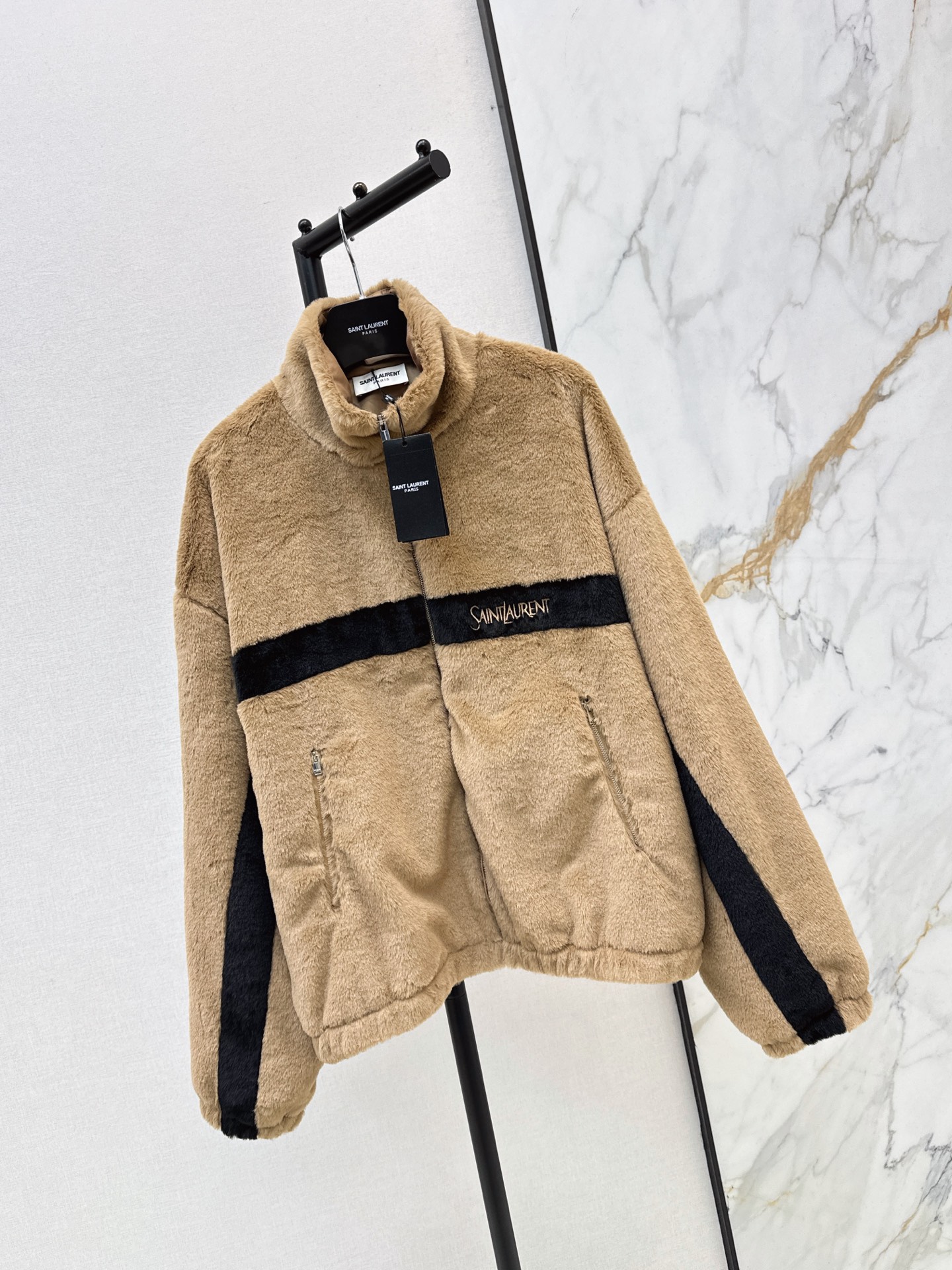 Sain 26fw contrast-panel plush fleece zip jacket