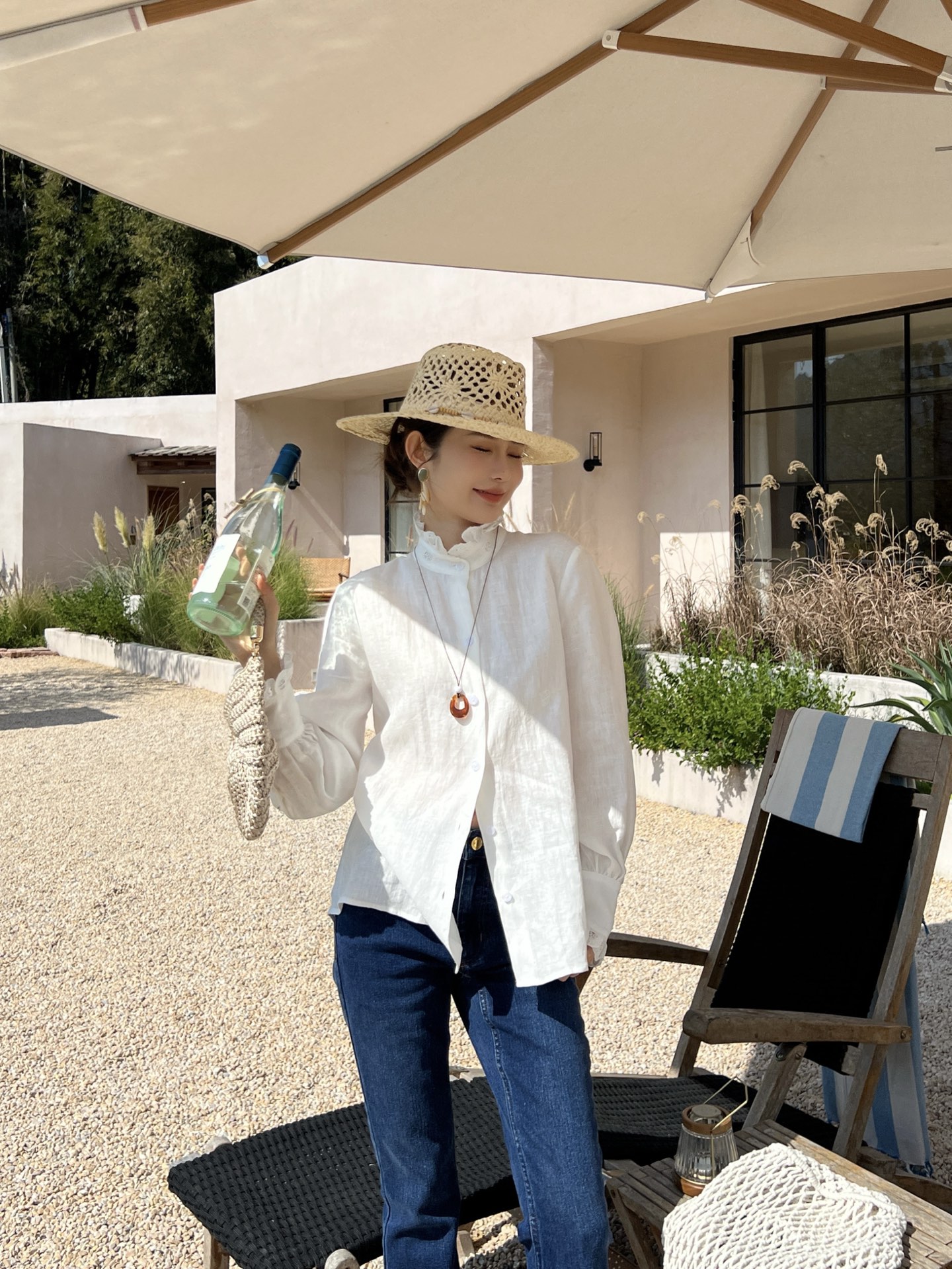 Valen 26fw lace trim linen shirt