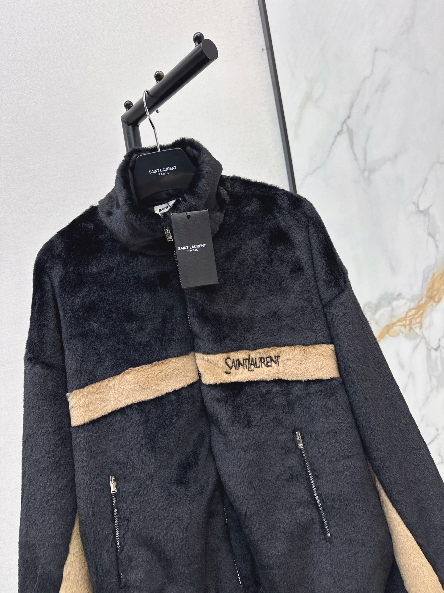 Sain 26fw contrast-panel plush fleece zip jacket