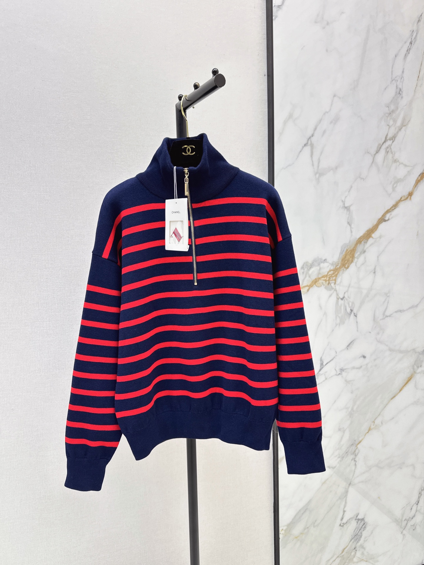 Chan 26fw stripe zip-up knit sweater