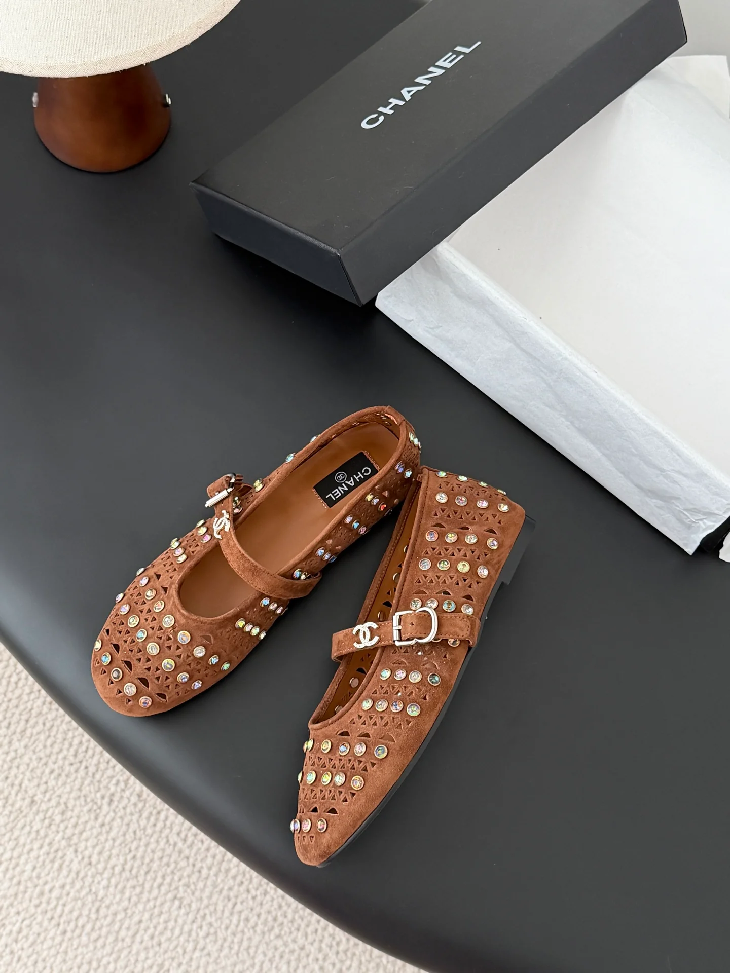 Chan 26ss mary jane hollow rhinestone shoes