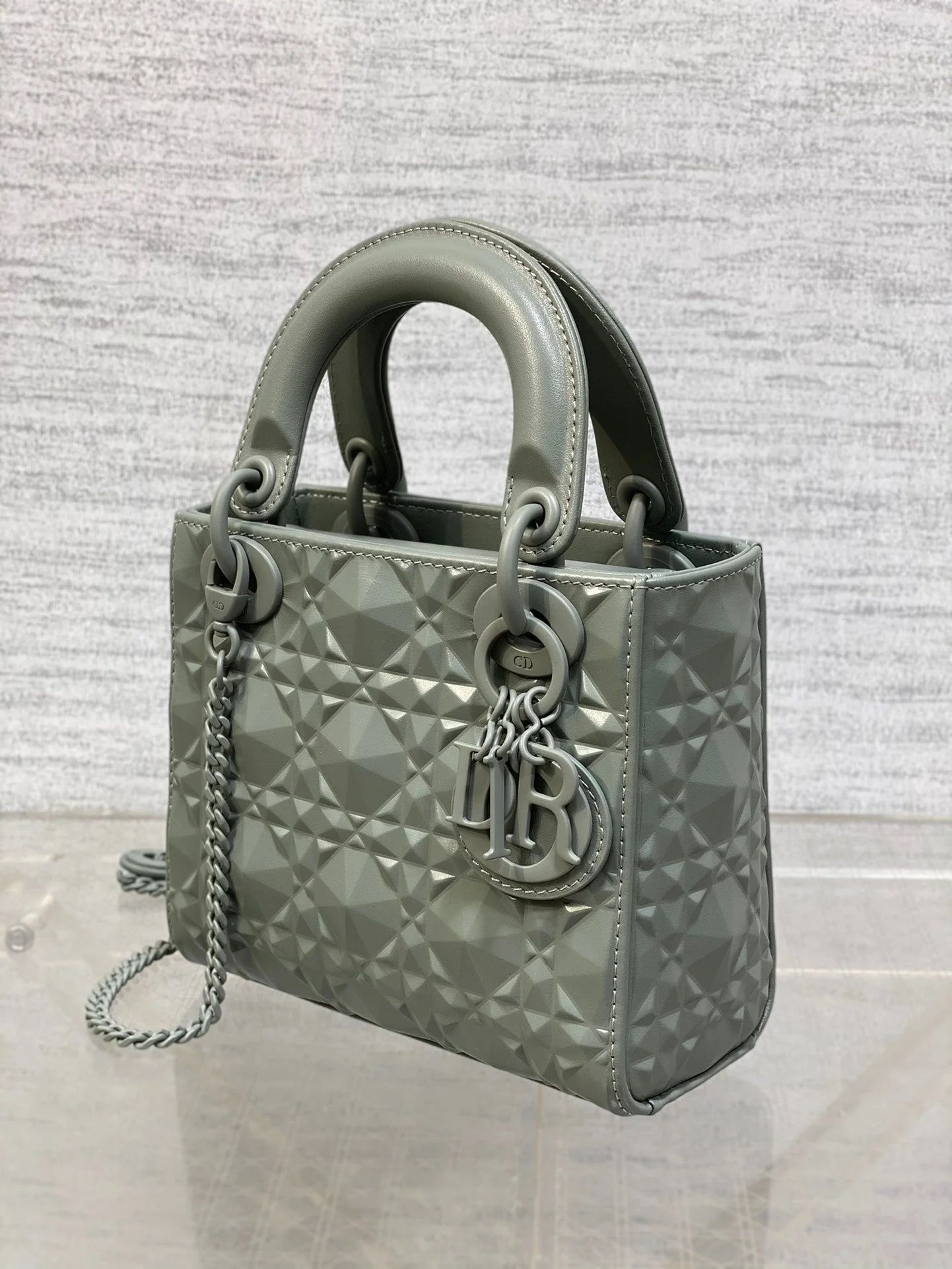 DO Mini Lady Bag  Stone Gray Diamond Pattern Calfskin