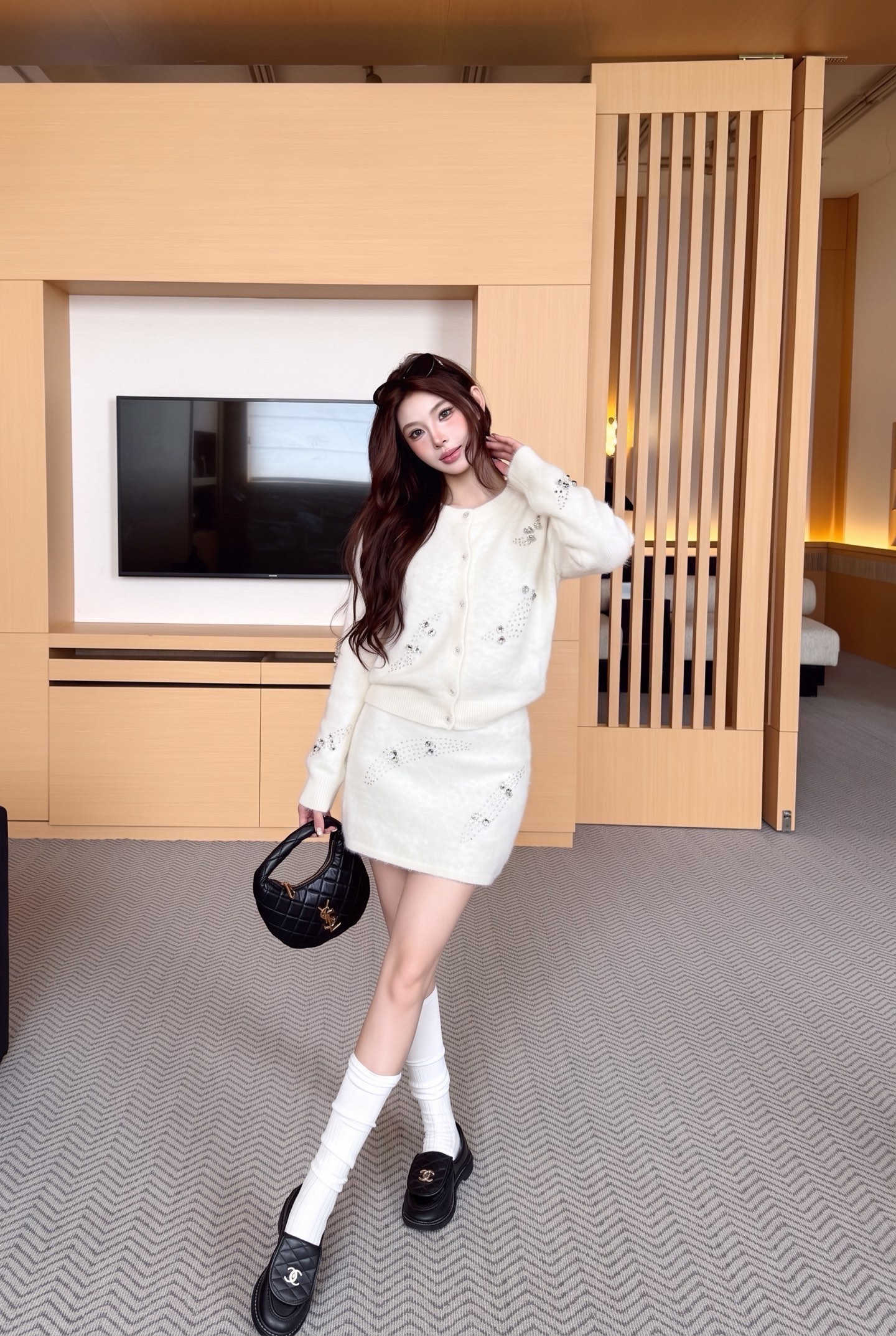 Miu 26fw beading sequin knit sweater skirt sets