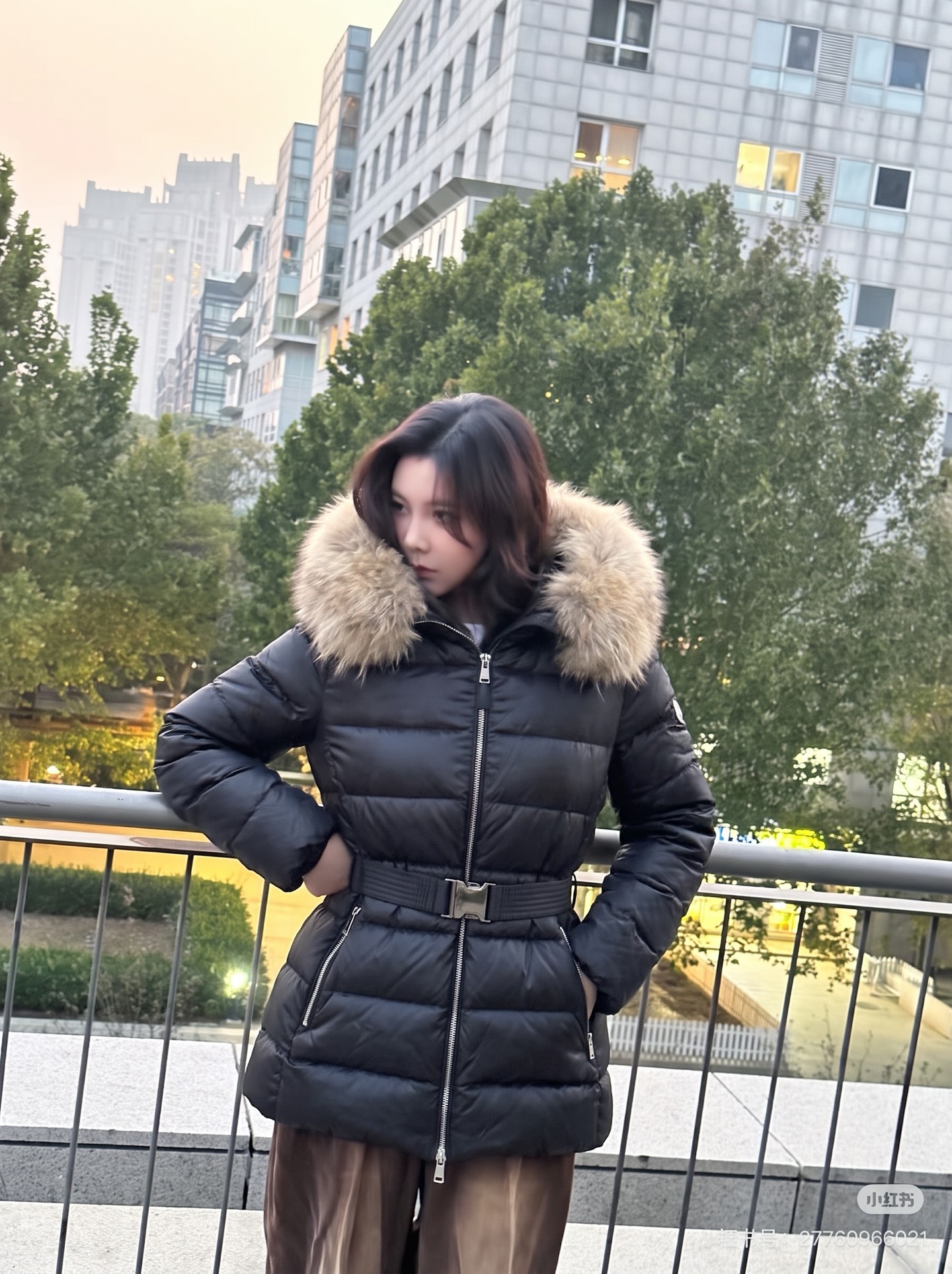 Monc 26fw fur-trim hooded belted down jacket