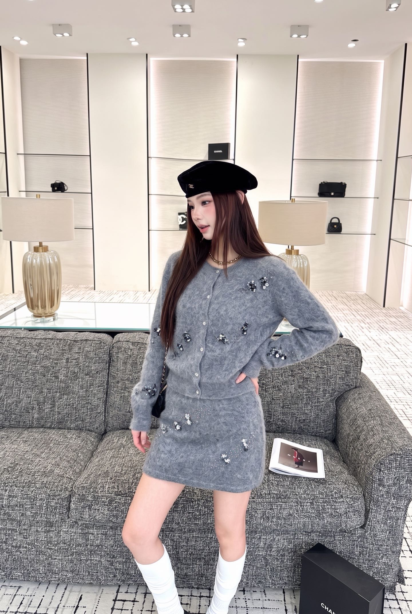 Miu 26fw beading sequin knit sweater skirt sets