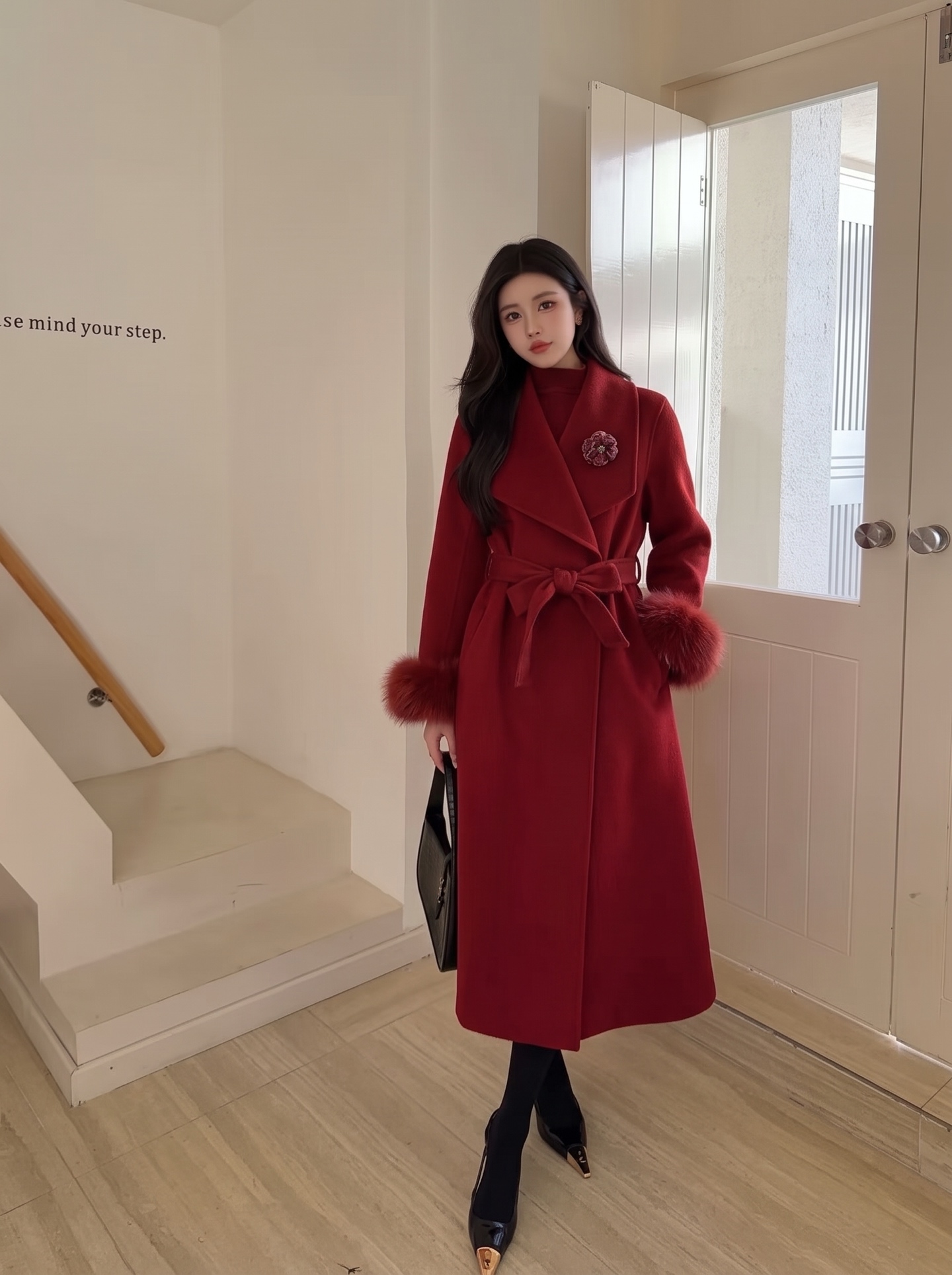 Chan 26fw belted long coat with fur-effect cuffs