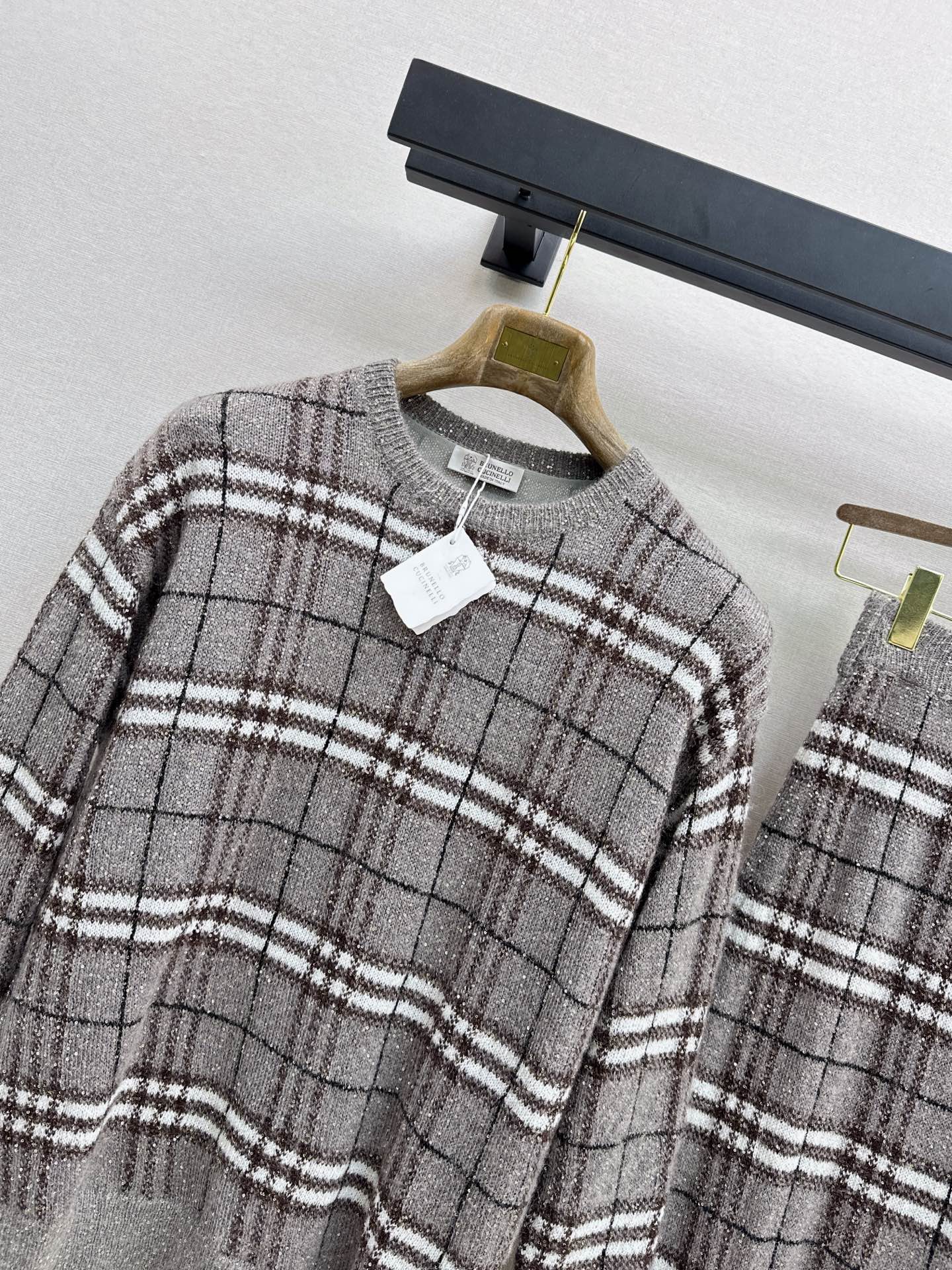 Brun 26fw check sweater skirt sets