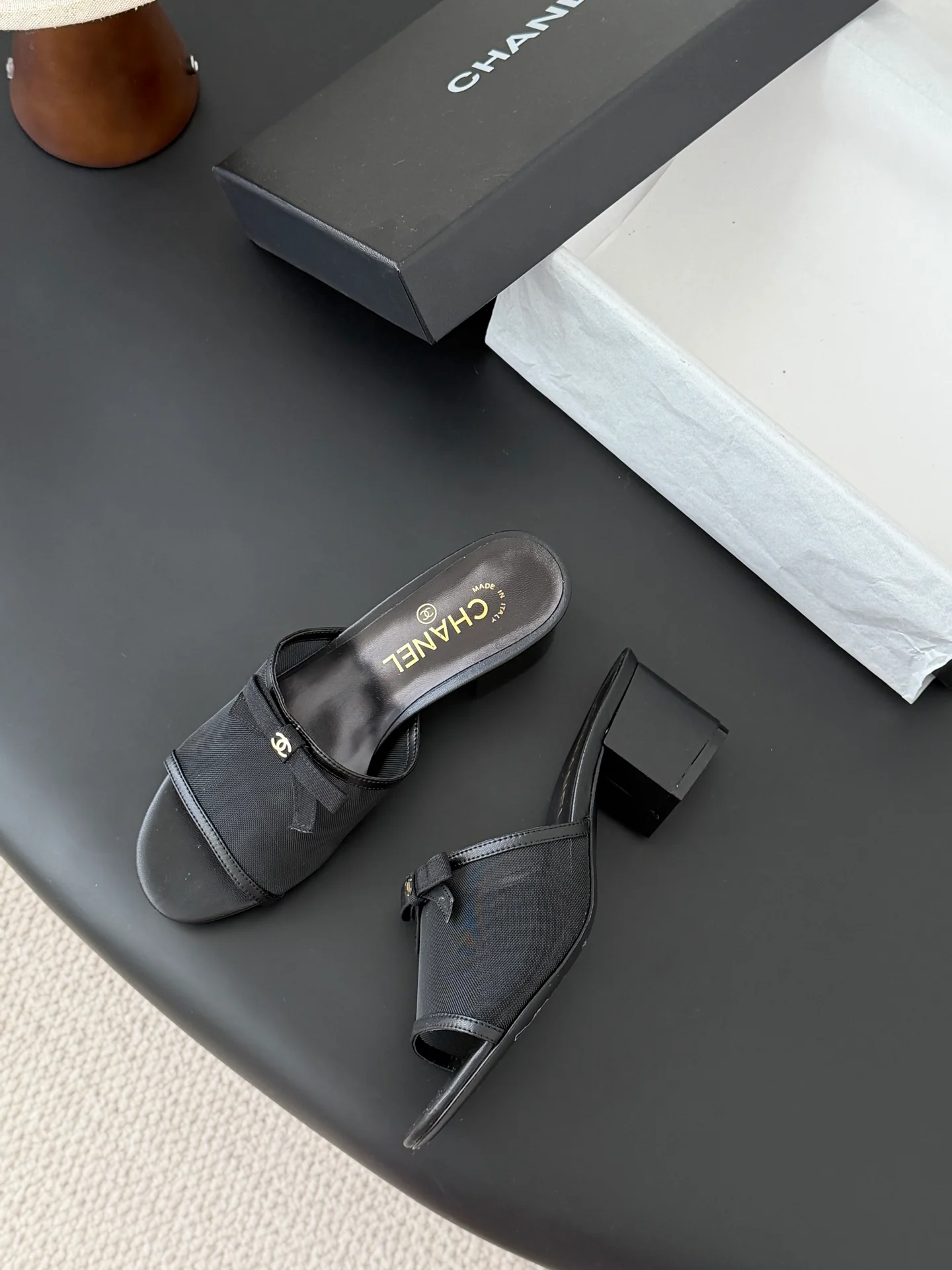 Chan 26ss bow mesh chunky heels slides