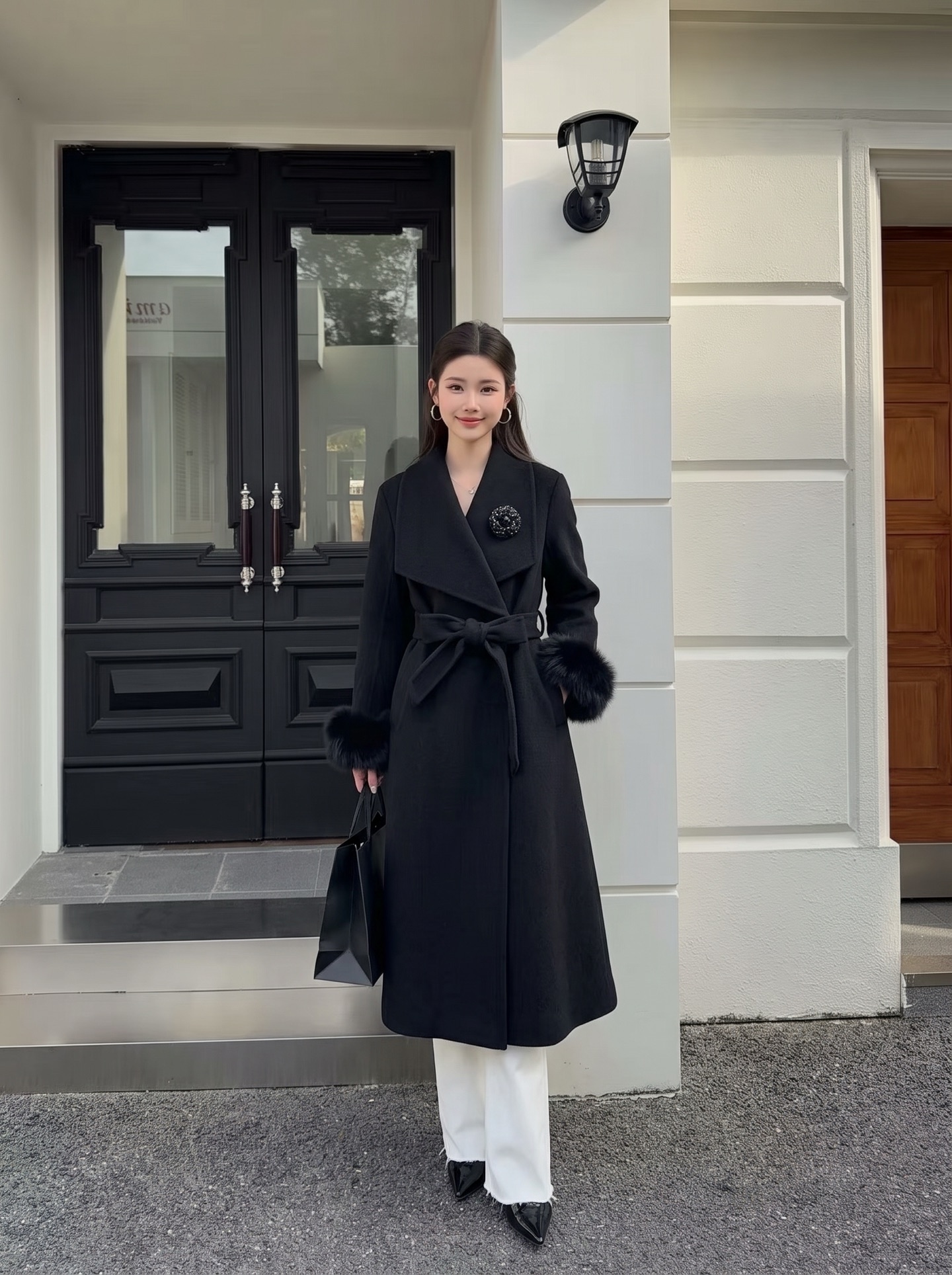 Chan 26fw belted long coat with fur-effect cuffs