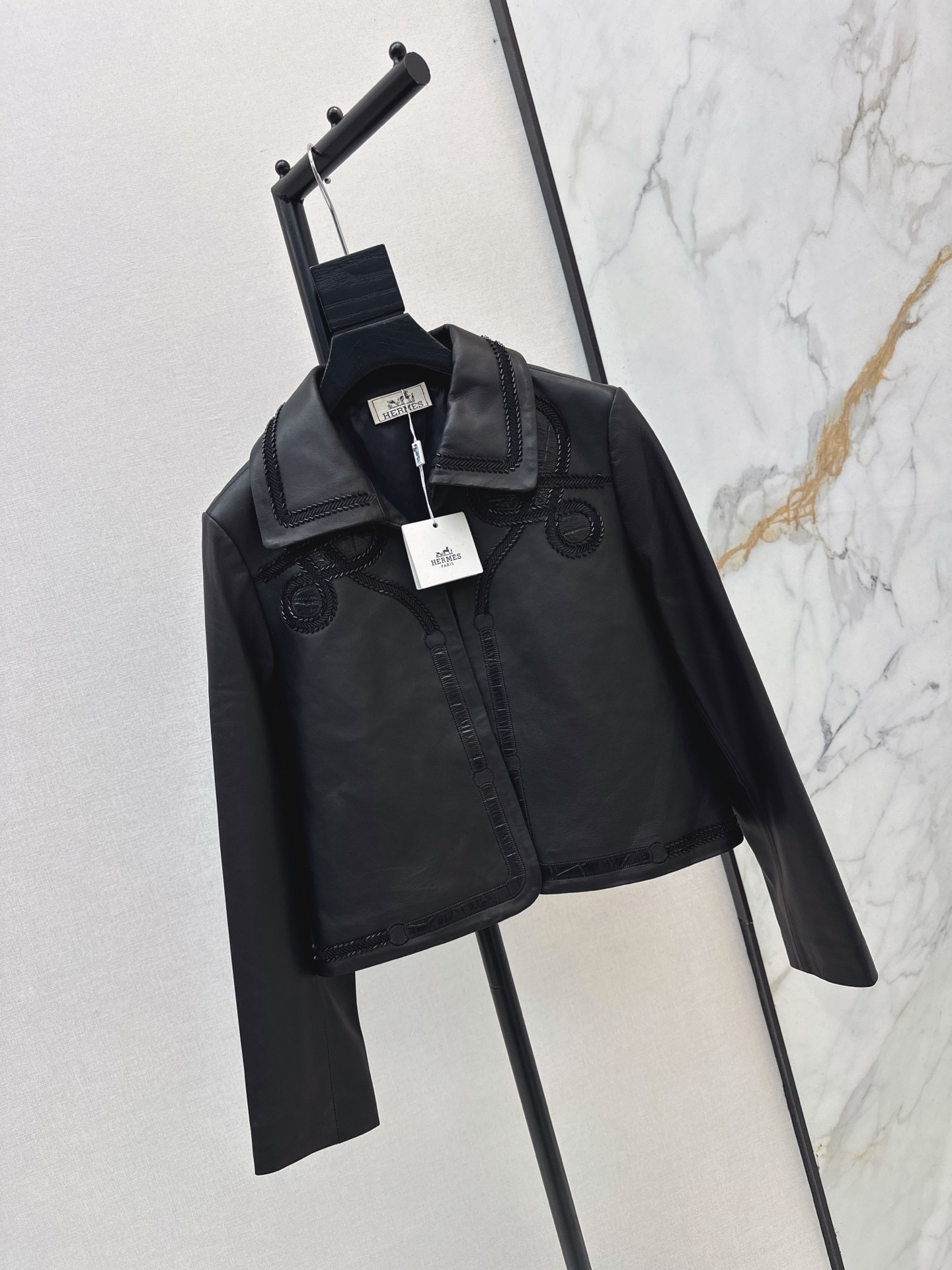 Her 26fw embroidery cropped leather jacket