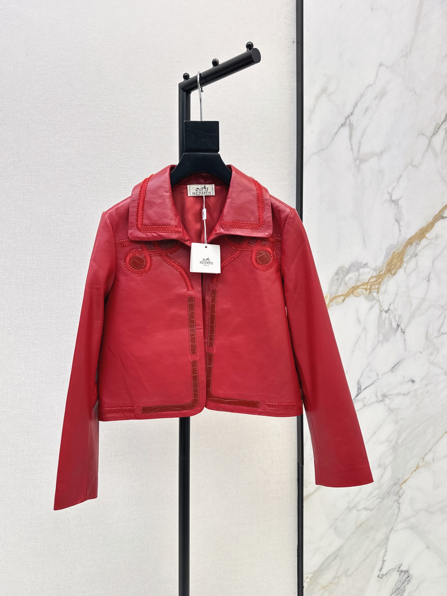 Her 26fw embroidery cropped leather jacket