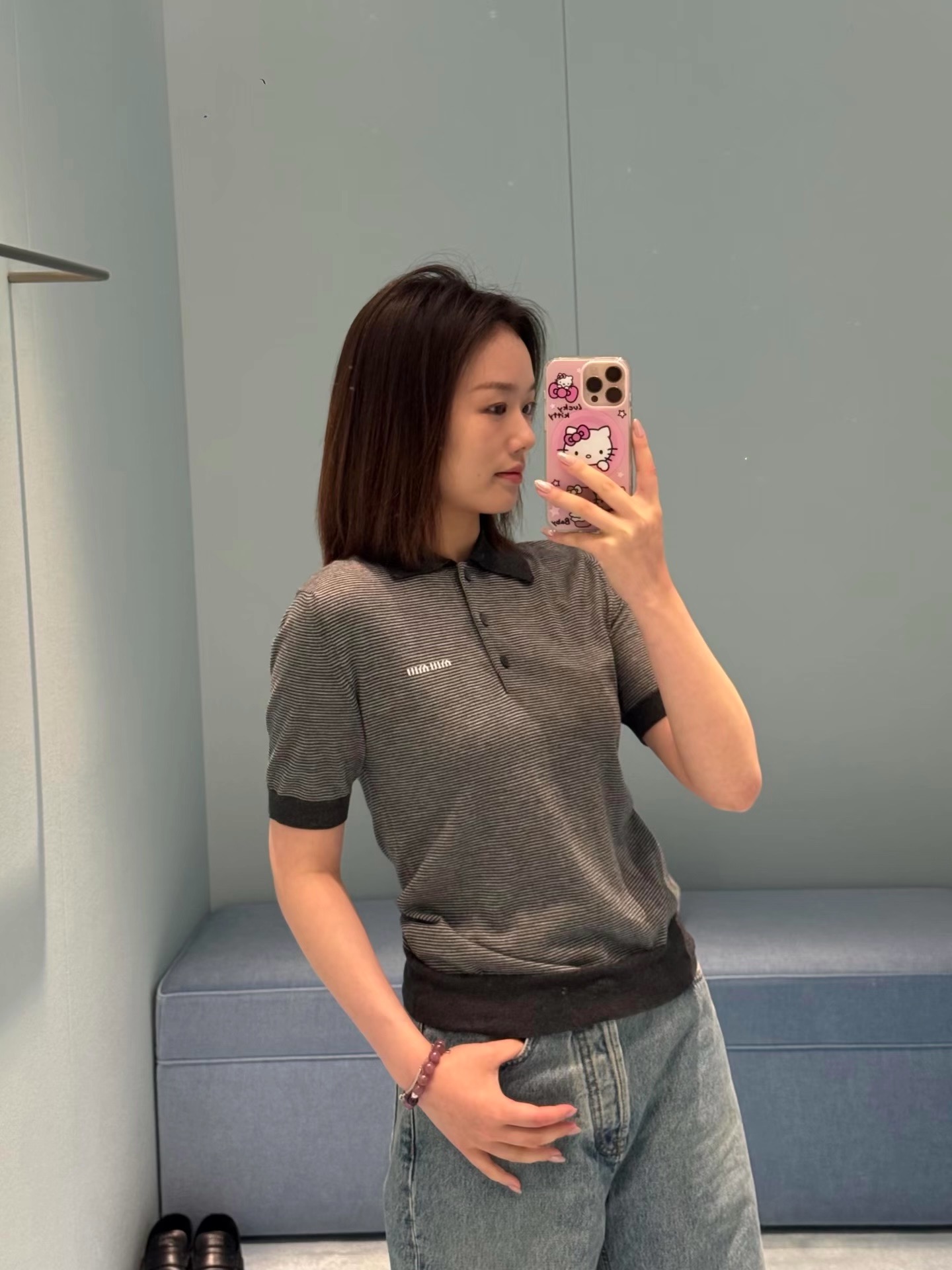 Miu 26fw stripe polo knit top