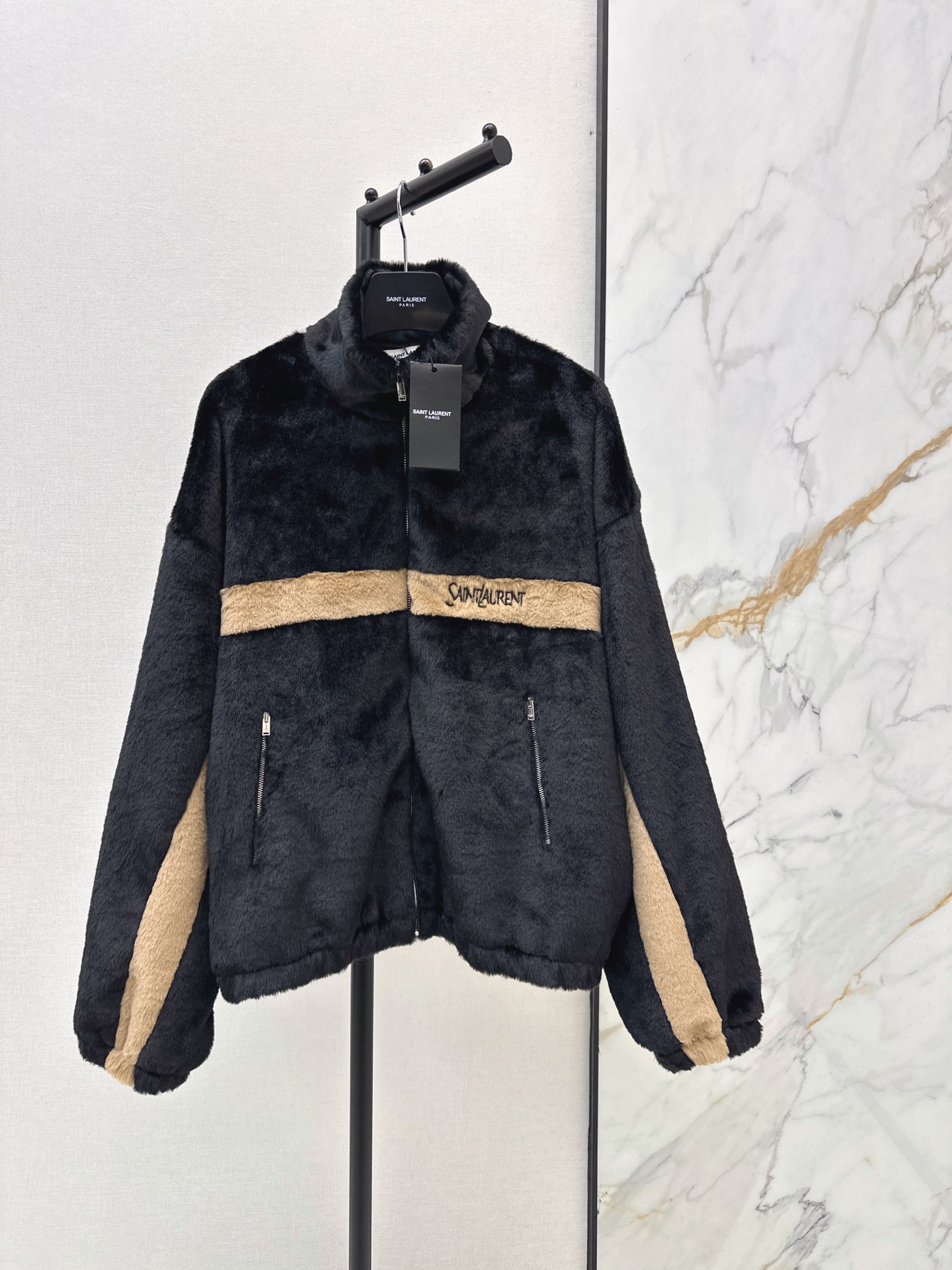 Sain 26fw contrast-panel plush fleece zip jacket