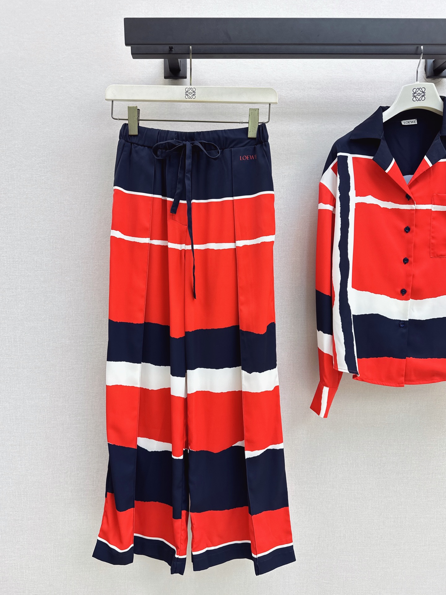 Loe 26fw stripe print shirt wied-leg pants sets