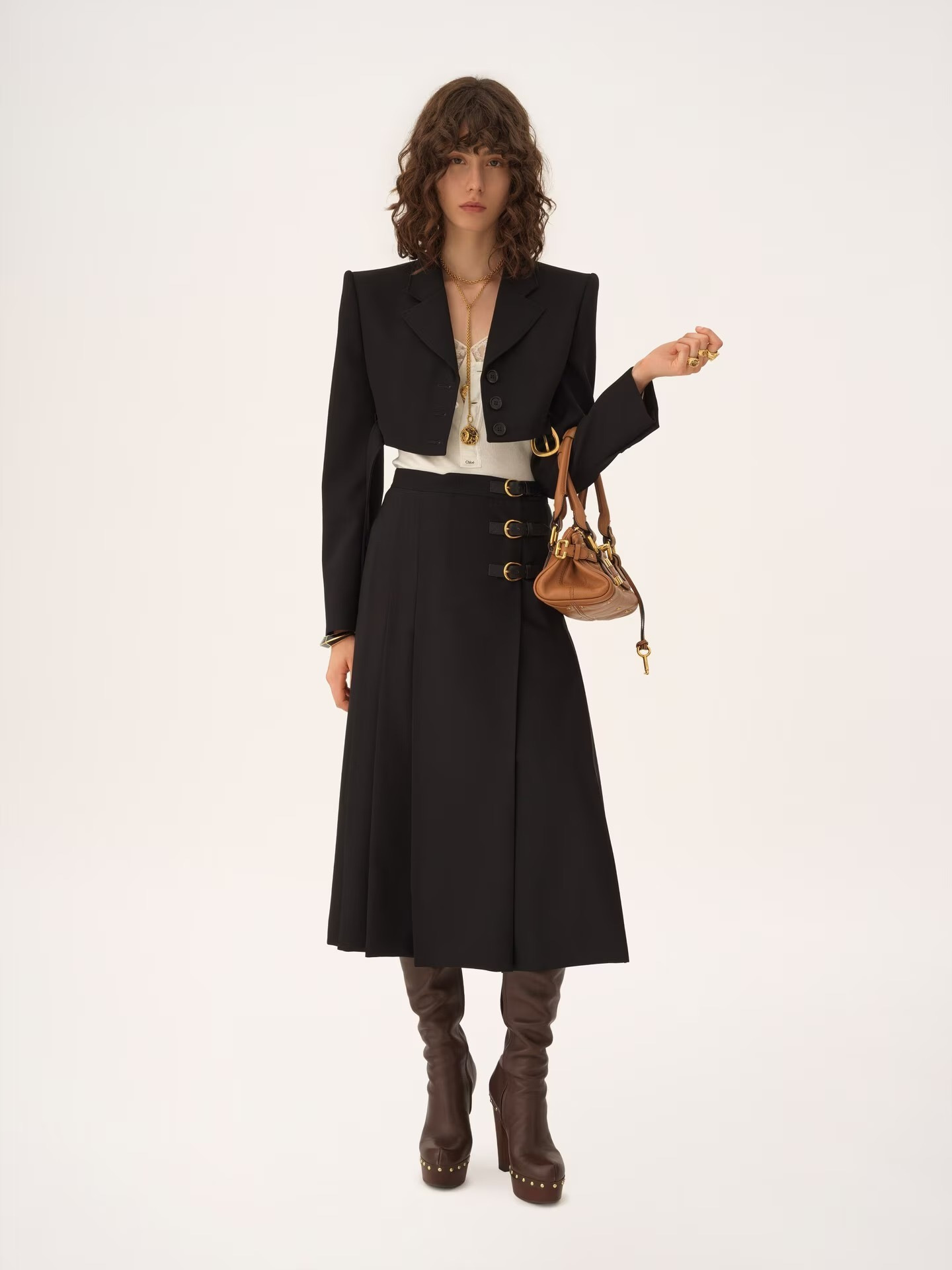 Chol 26fw cropped jacket pleated skirt