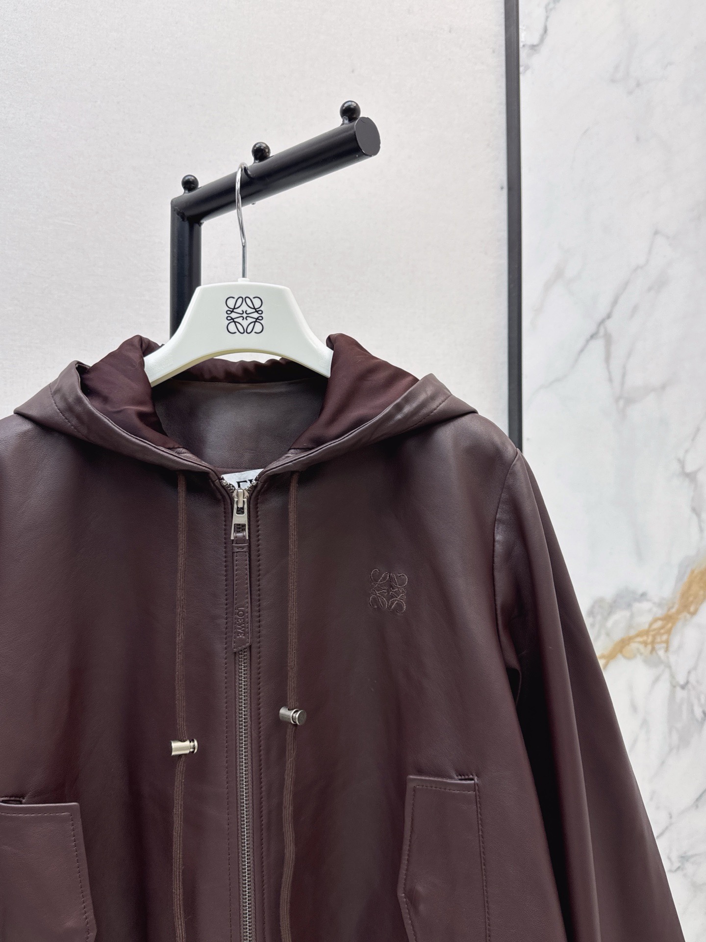 Loe 26fw leather hooded jacket