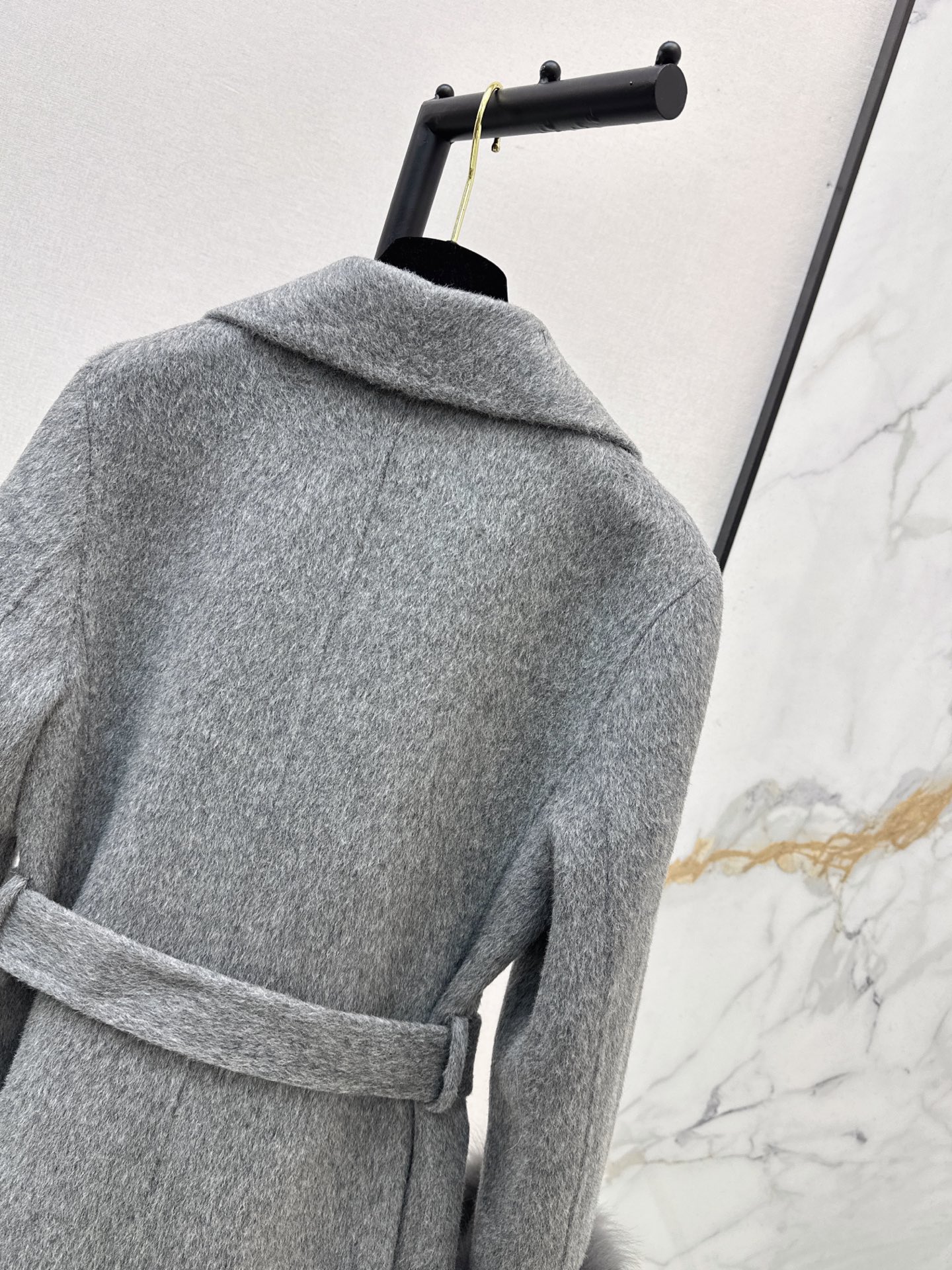 Chan 26fw belted long coat with fur-effect cuffs