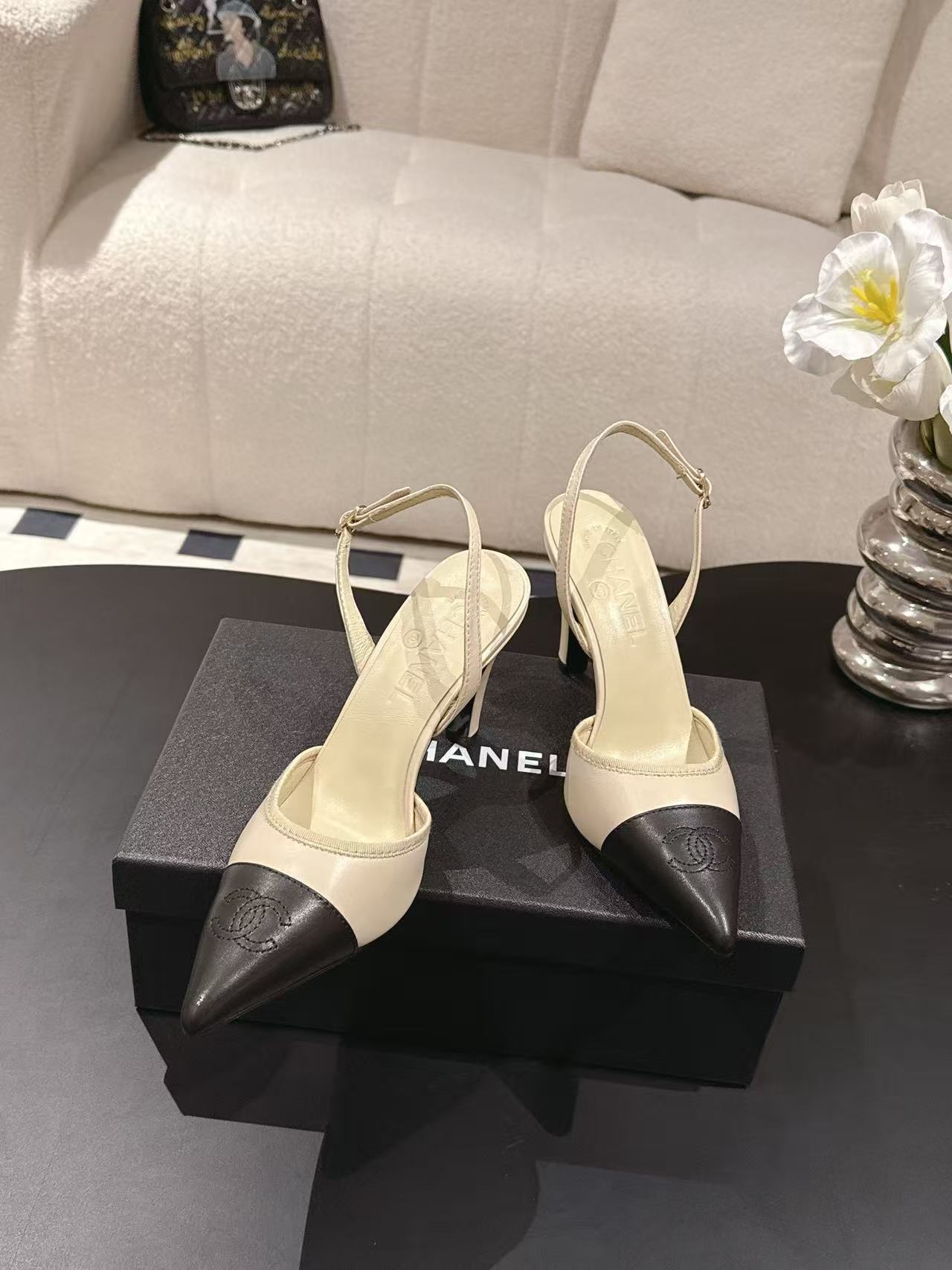 Chan Two-Tone Pointed Toe Slingback Stiletto Heels