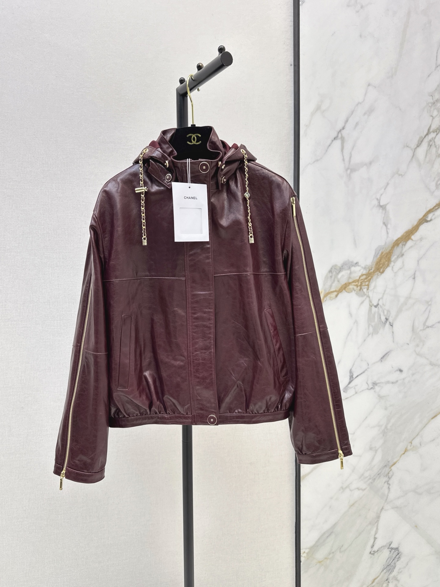 Chan 26ss leather hooded jacket