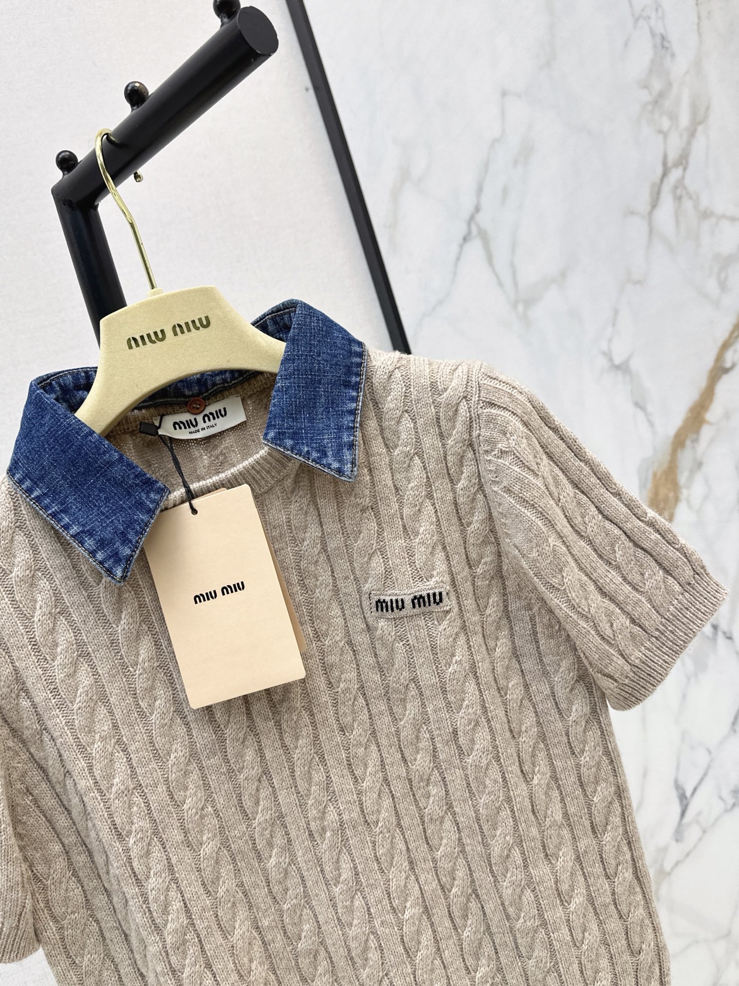 Miu 26fw denim collar knit top