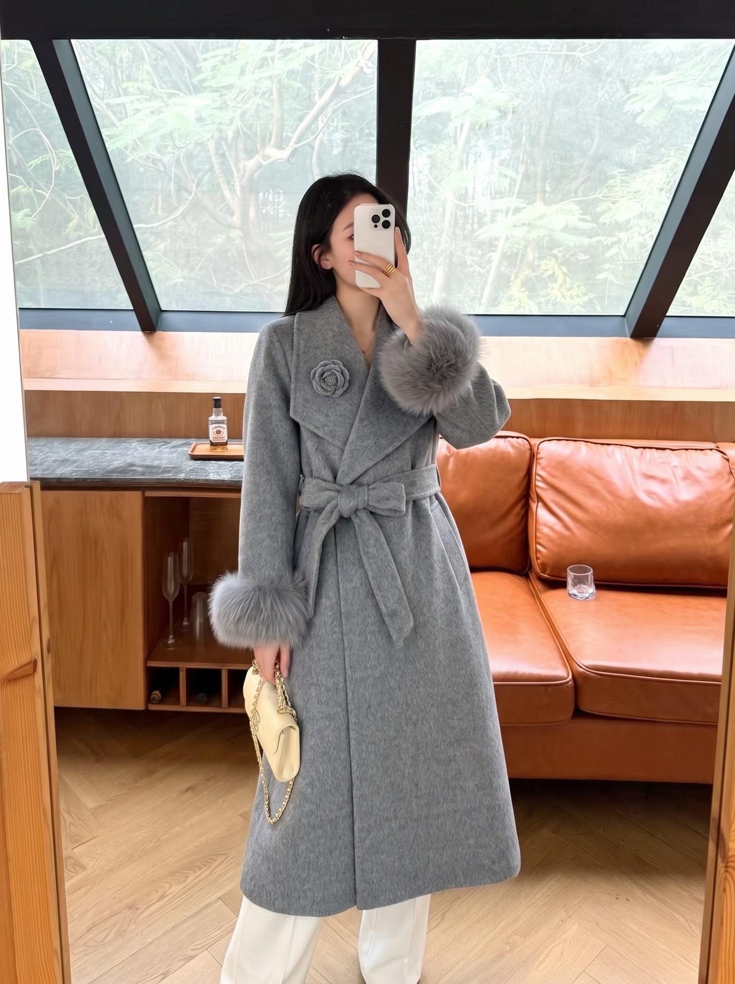 Chan 26fw belted long coat with fur-effect cuffs