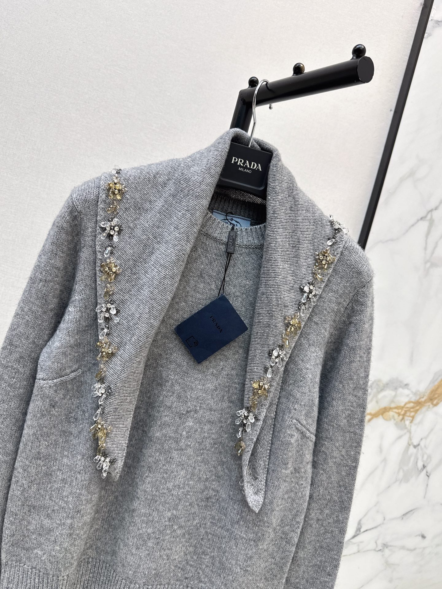 Pra 26fw beading shawl cashmere sweater
