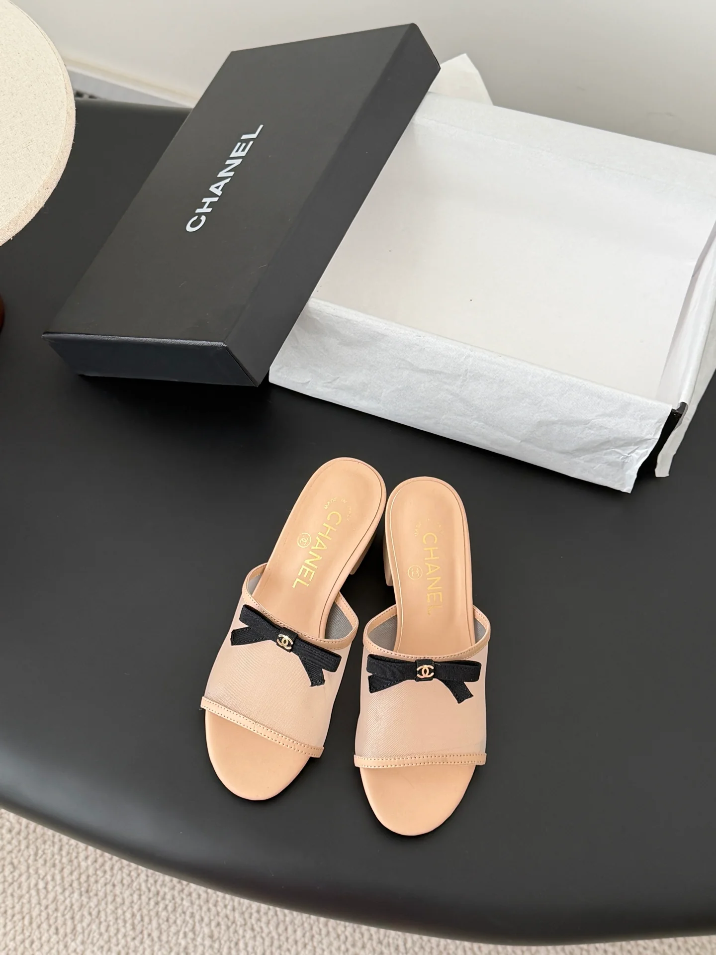 Chan 26ss bow mesh chunky heels slides
