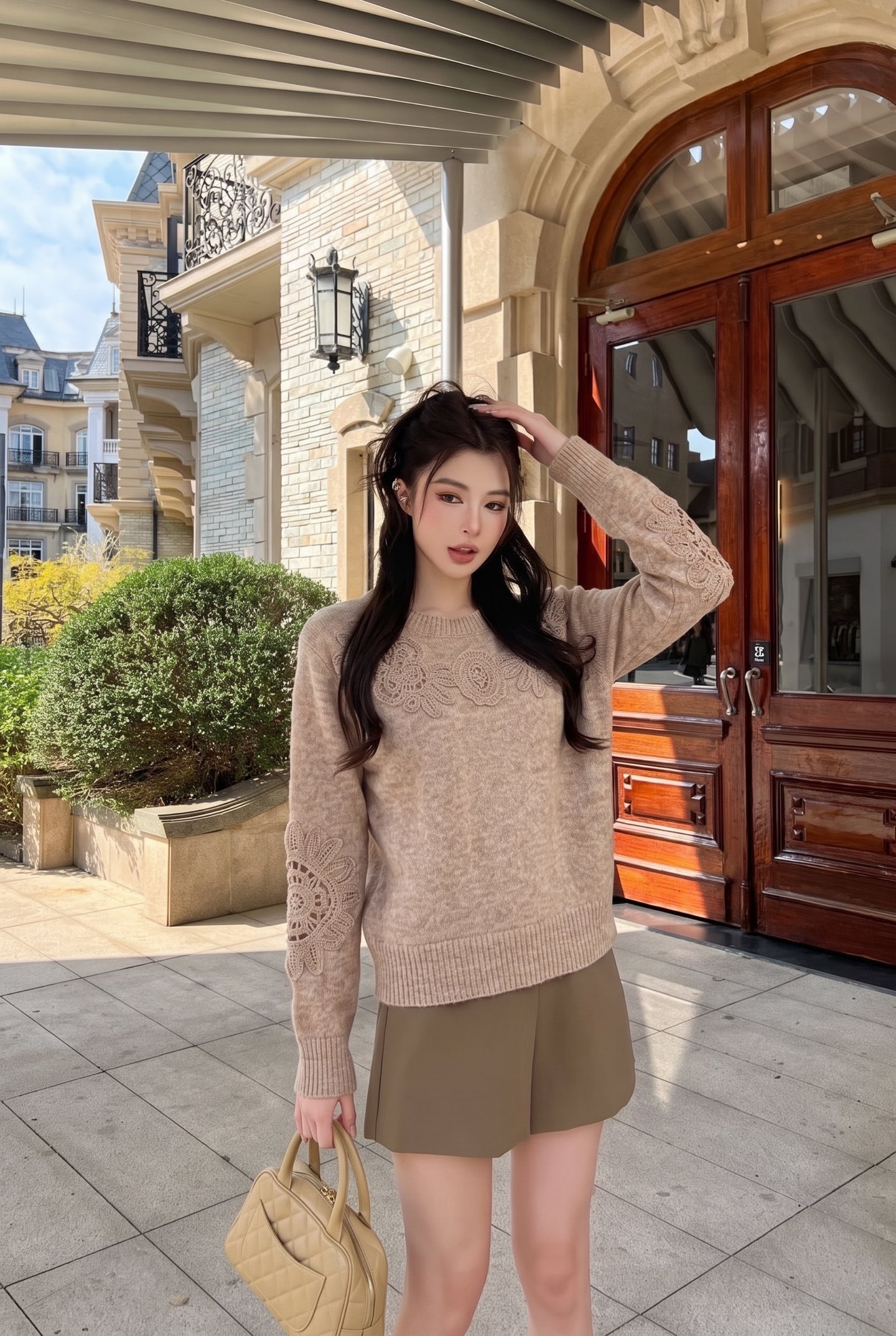 Brun 26fw hollow contract knit sweater