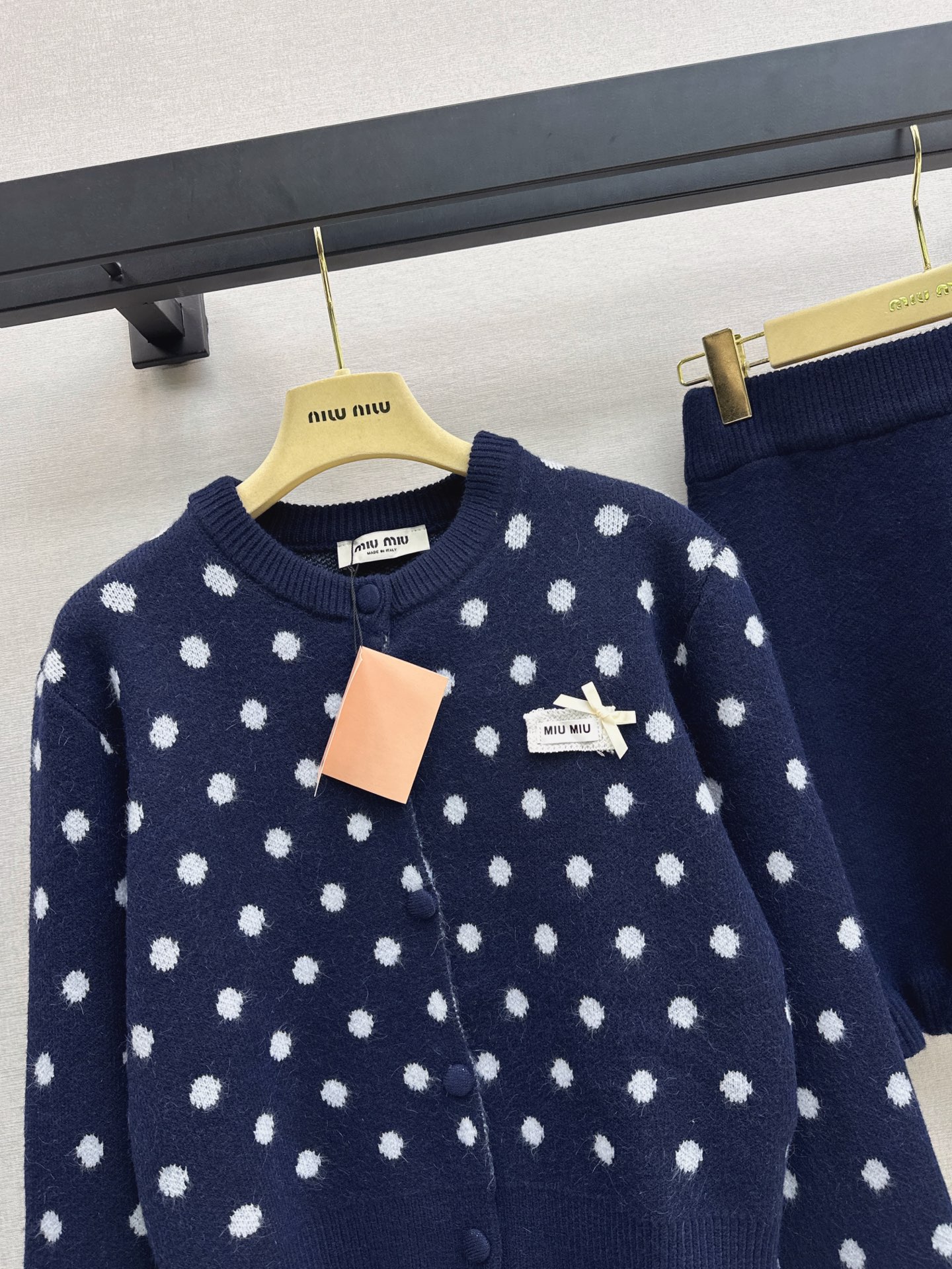 Miu 26fw polka-dot knit cardigan skirt sets