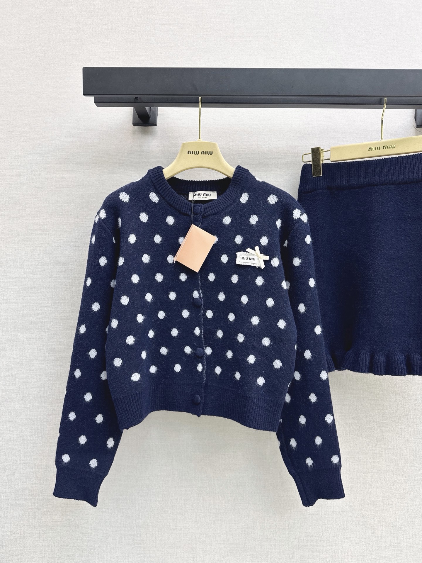 Miu 26fw polka-dot knit cardigan skirt sets