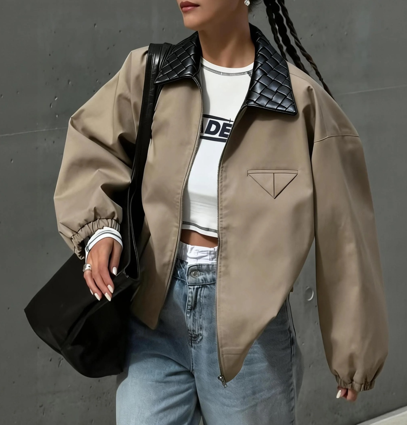 Bott 26fw leather woven collar zipper jacket