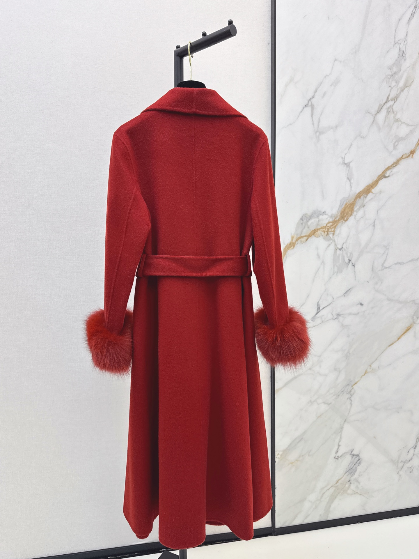 Chan 26fw belted long coat with fur-effect cuffs