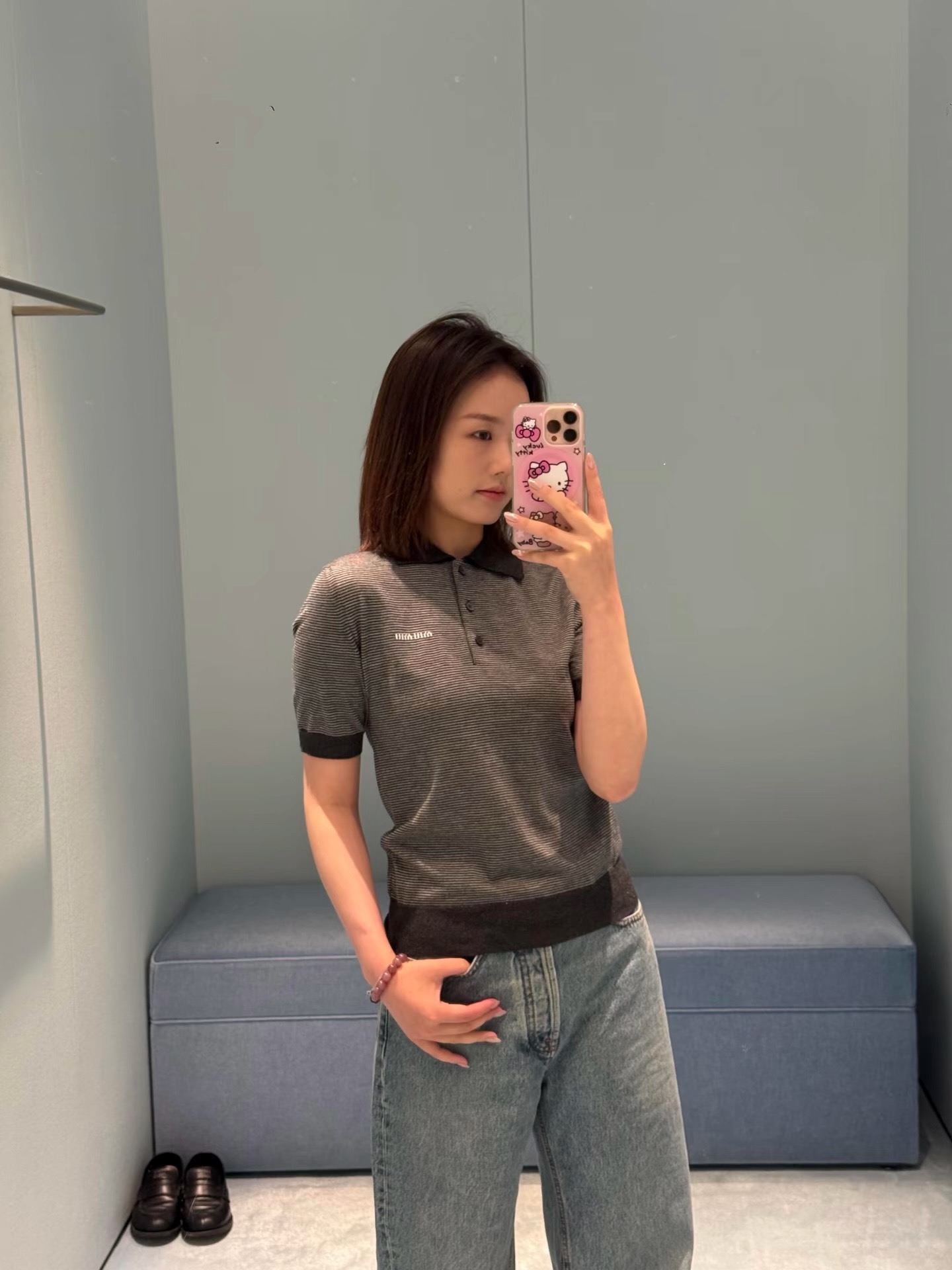 Miu 26fw stripe polo knit top